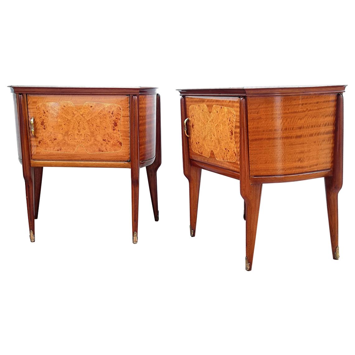 Pair of Midcentury Italian Art Deco Wood & Glass Nightstands Bedside Tables