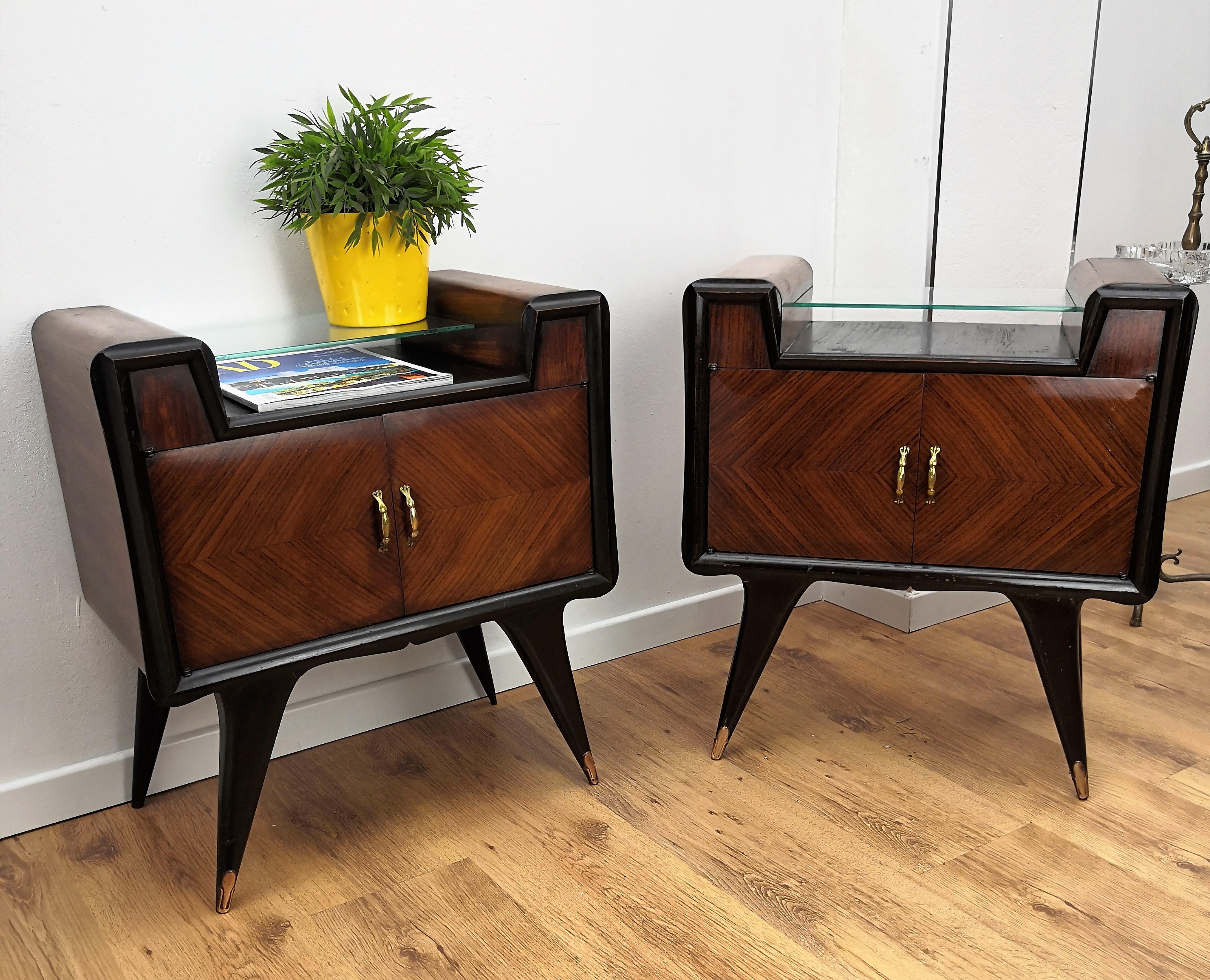 20th Century Pair of Midcentury Italian Art Deco Rosewood & Glass Nightstands Bedside Tables