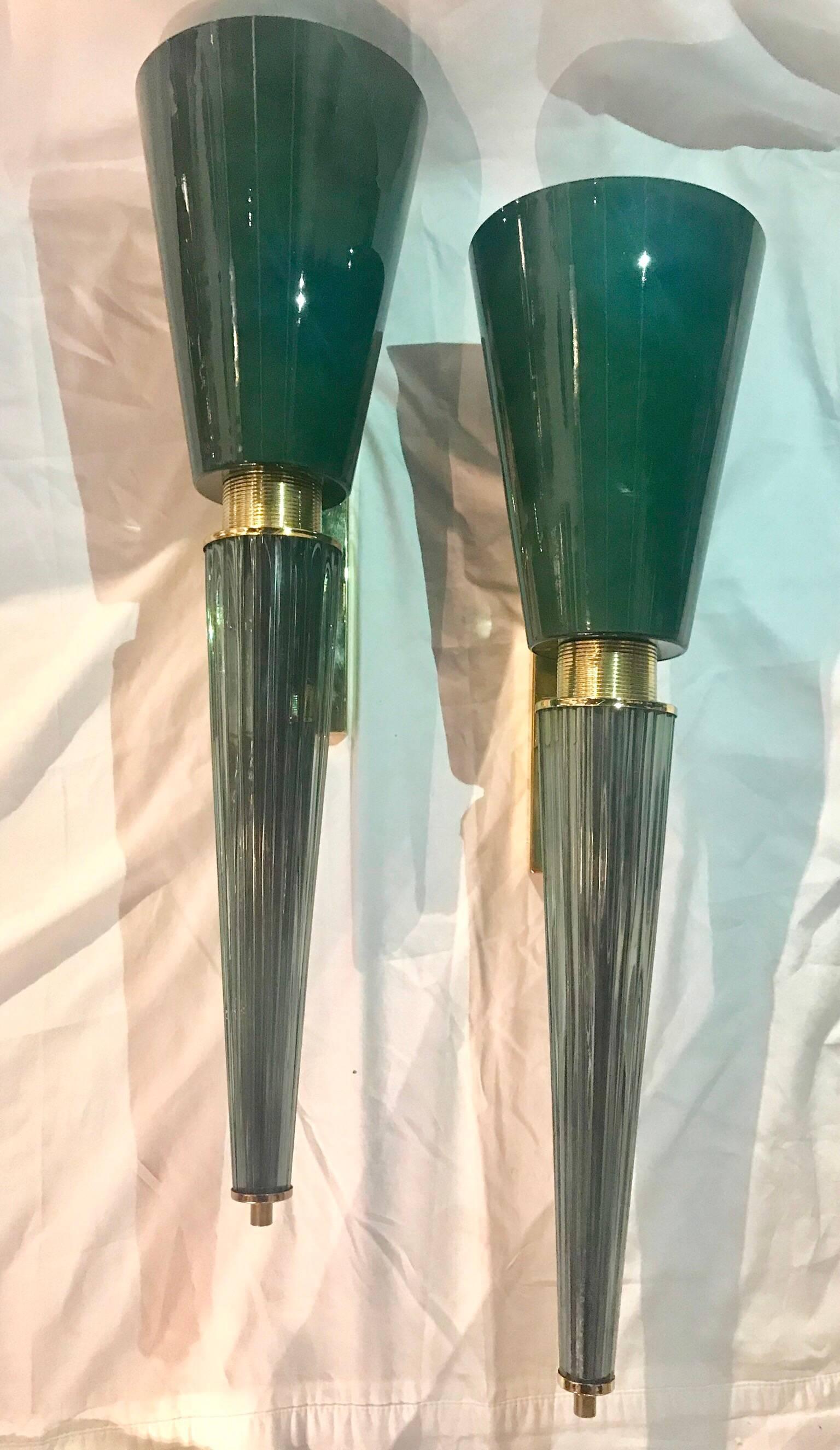 Pair of Midcentury Italian Barovier Toso Style Glass and Brass Sconces 2