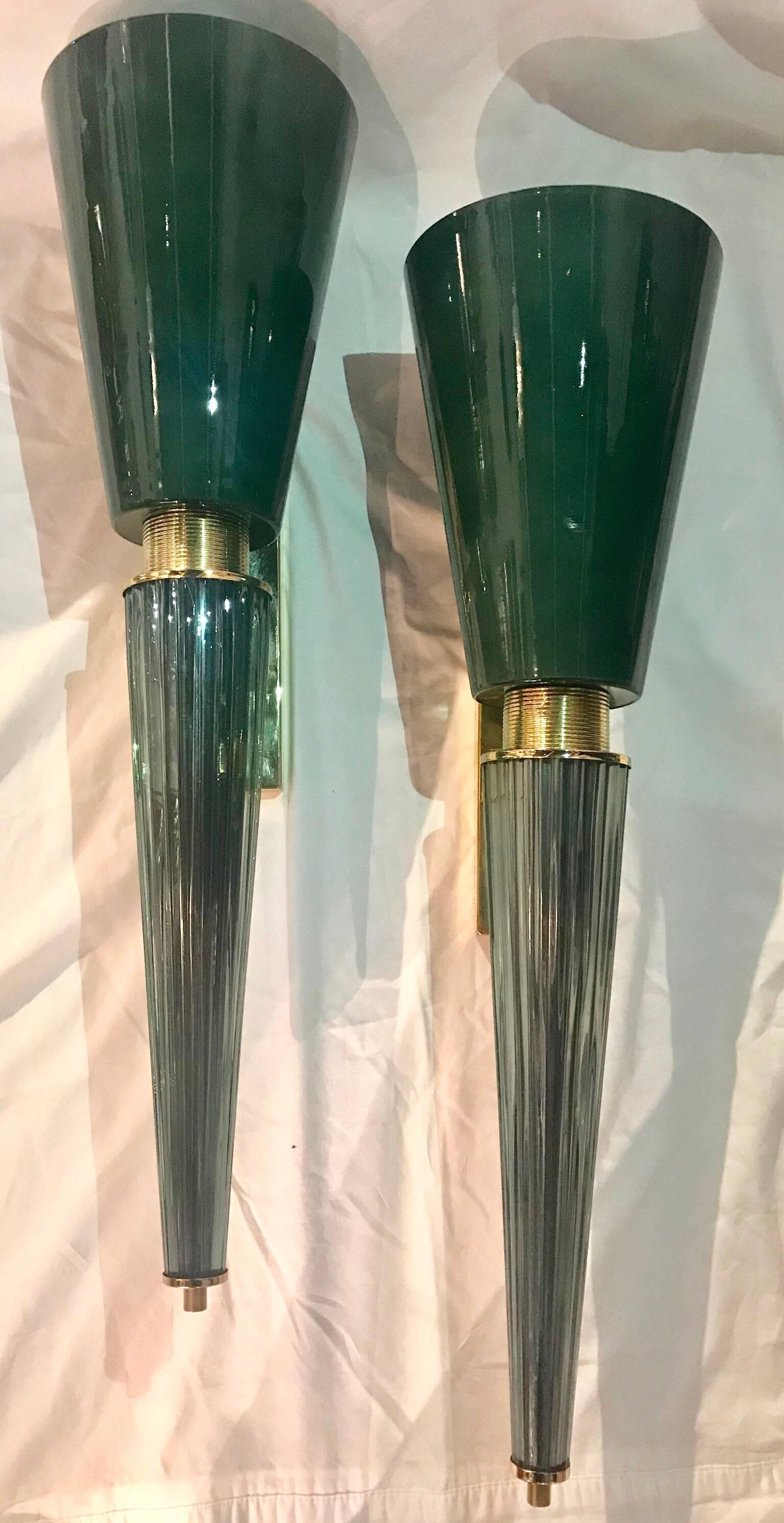 Pair of Midcentury Italian Barovier Toso Style Glass and Brass Sconces 3