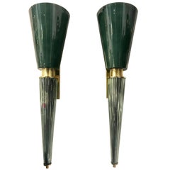 Pair of Midcentury Italian Barovier Toso Style Glass and Brass Sconces