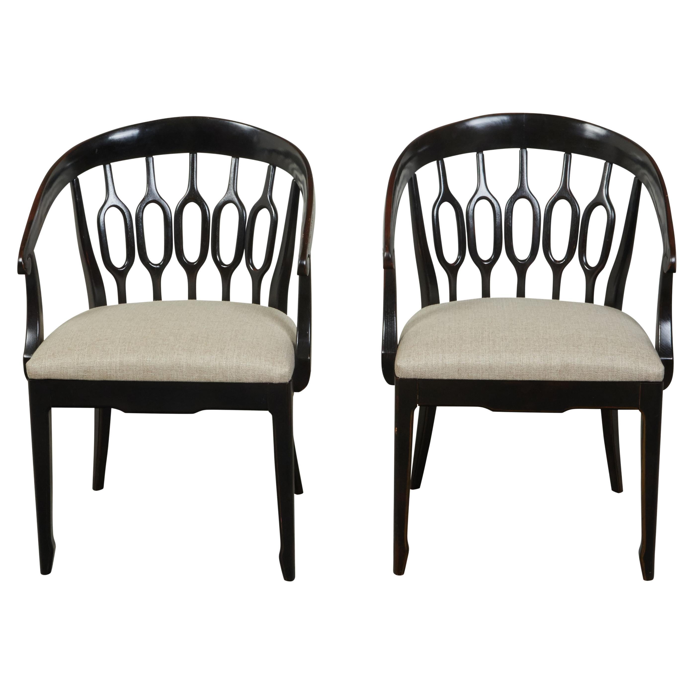 Pair of Midcentury Italian Black Horseshoe Armchairs with New Linen Upholstery