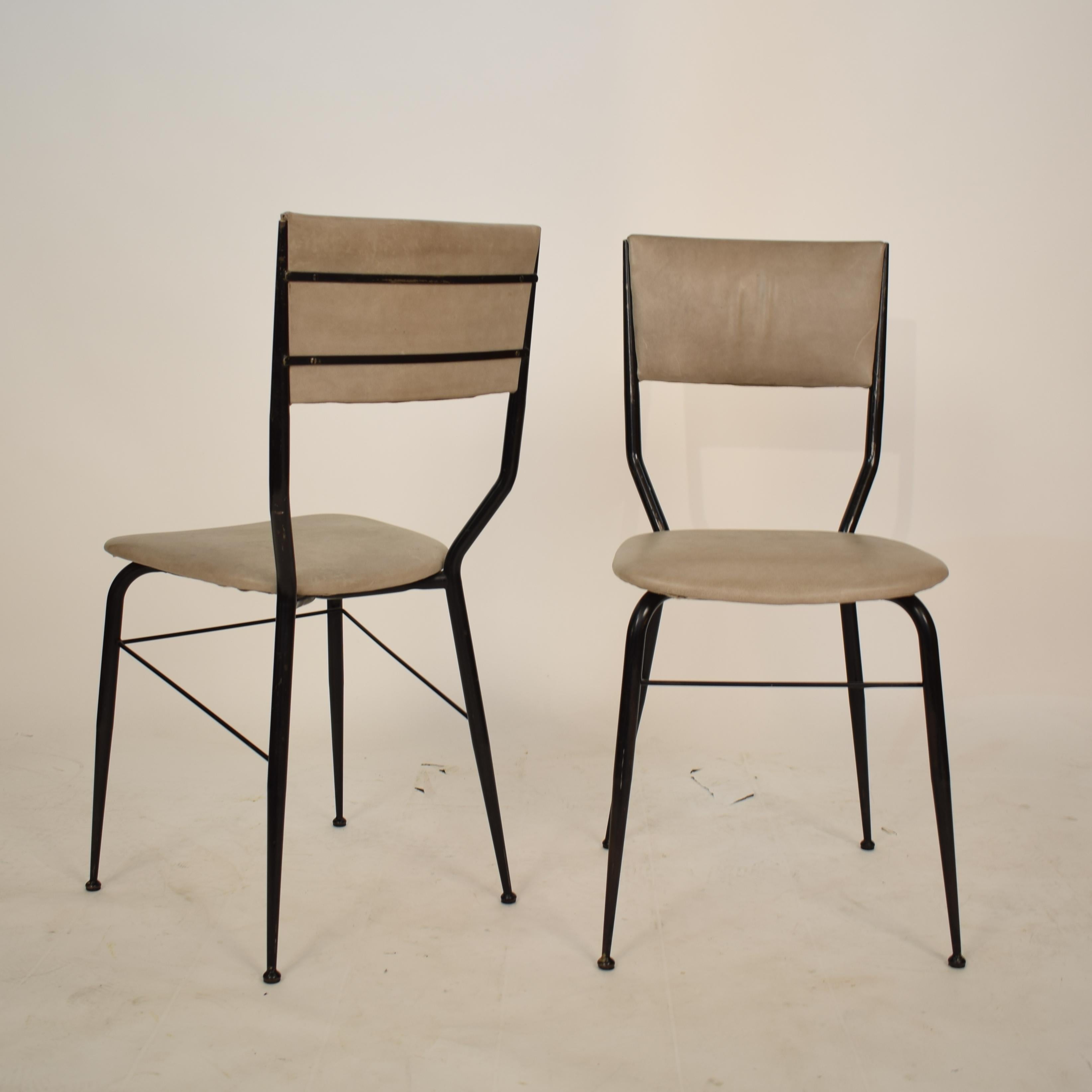 Mid-Century Modern Pair of Midcentury Italian Black Metal and Grey Leather Dining Chairs, 1950