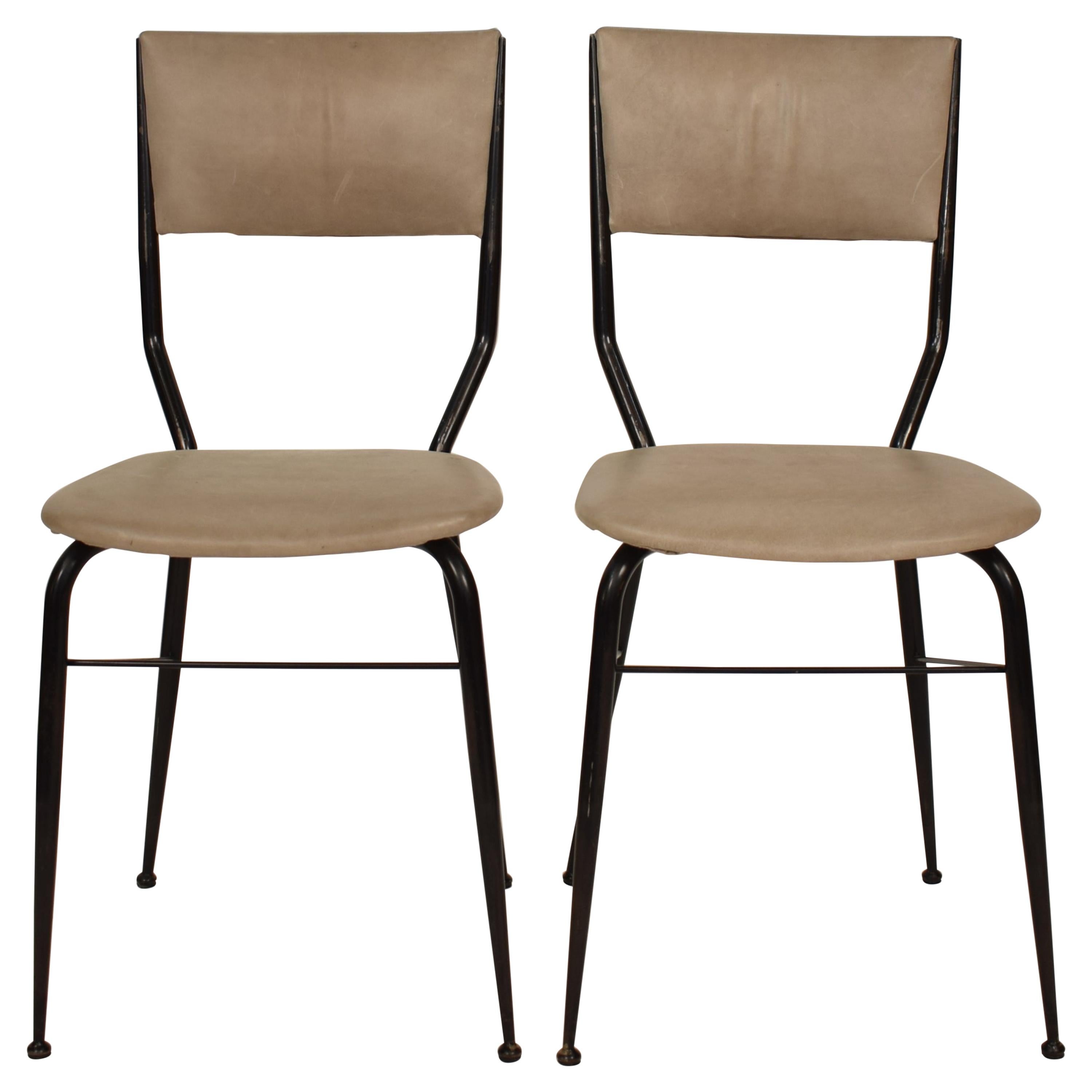 Pair of Midcentury Italian Black Metal and Grey Leather Dining Chairs, 1950