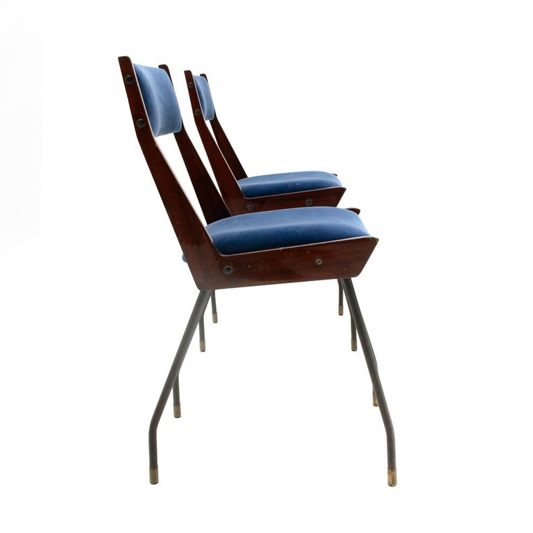 Mid-Century Modern Pair of Midcentury Italian Blue Velvet Dining Chair by RB Rossana, 1950s For Sale