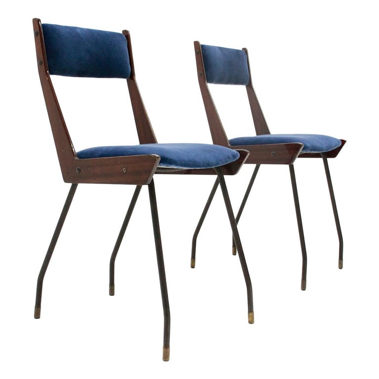 Pair of Midcentury Italian Blue Velvet Dining Chair by RB Rossana, 1950s For Sale