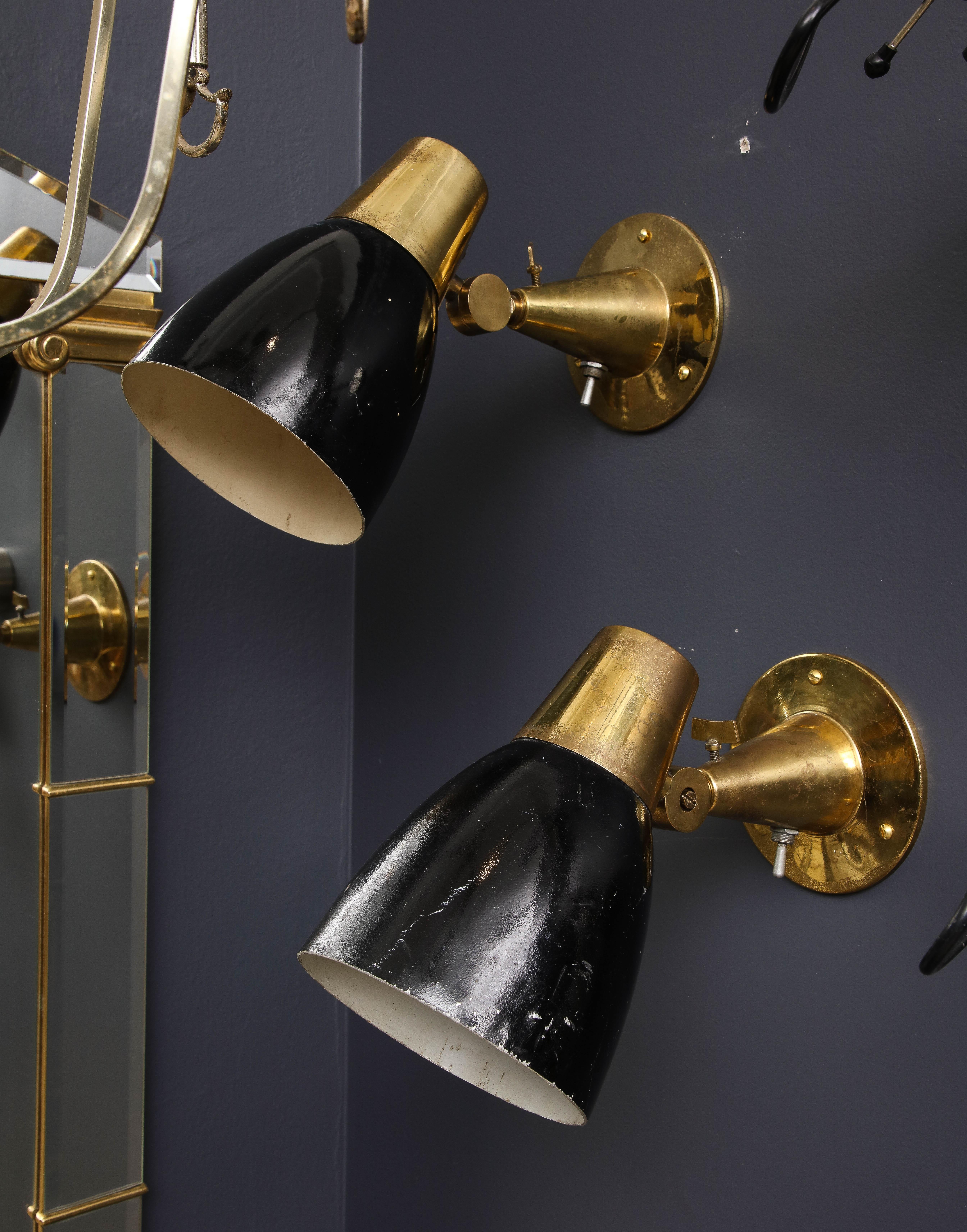 Pair of Midcentury Italian Brass and Enameled Steel Sconces, 1950s In Fair Condition For Sale In Chicago, IL
