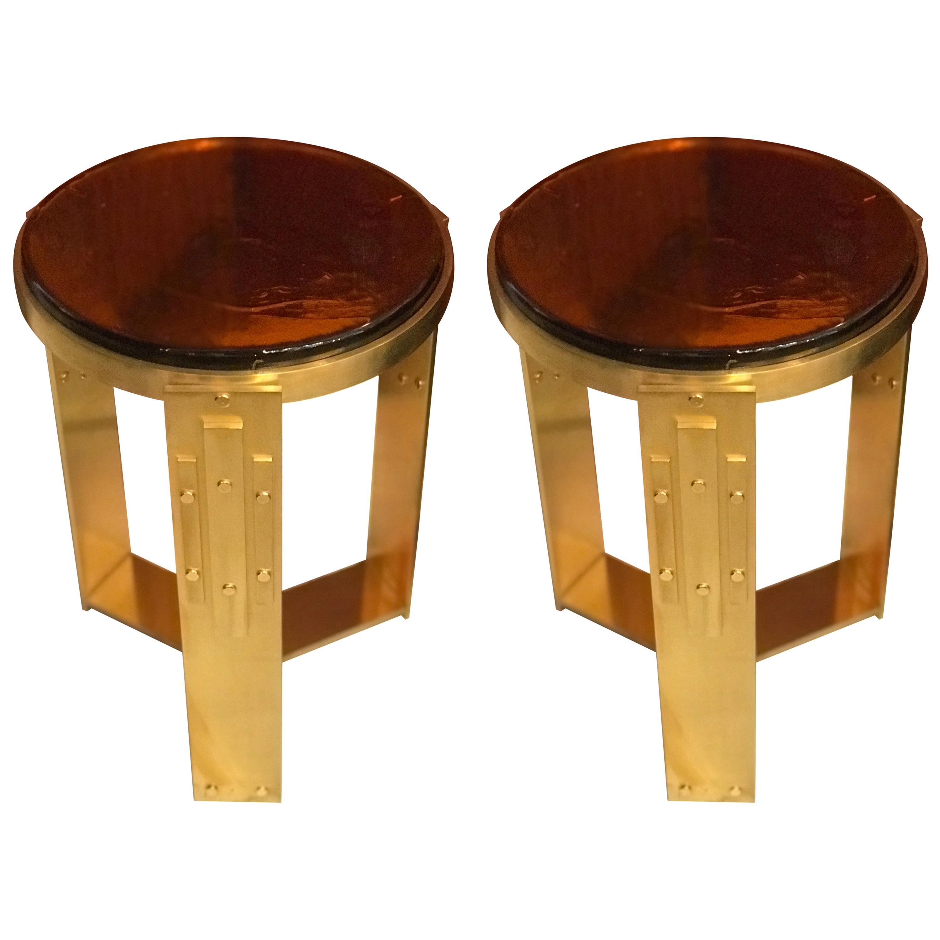 Pair of Midcentury Italian Brass and Glass Accent Tables