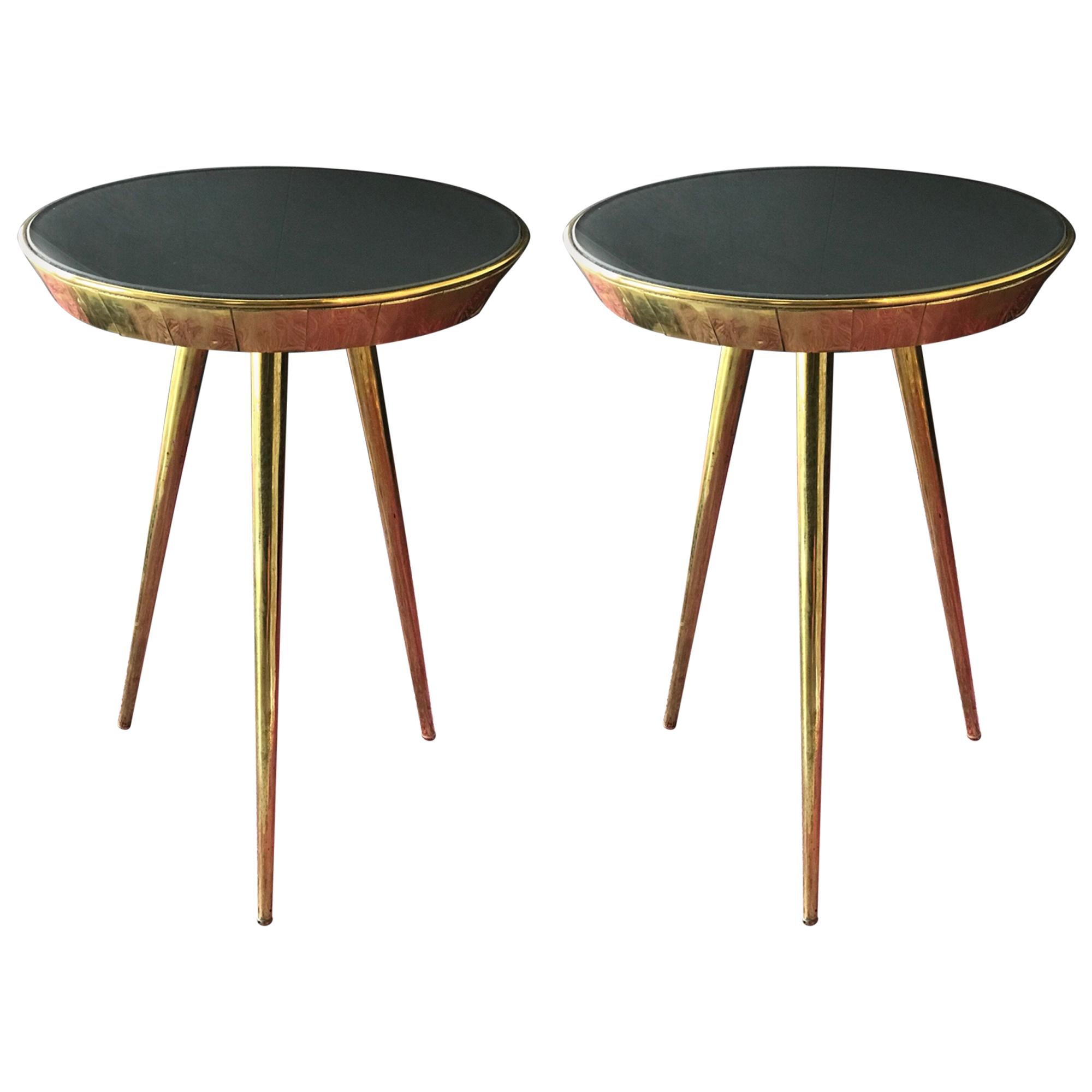 Pair of Midcentury Italian Brass and Grey Glass Side Tables