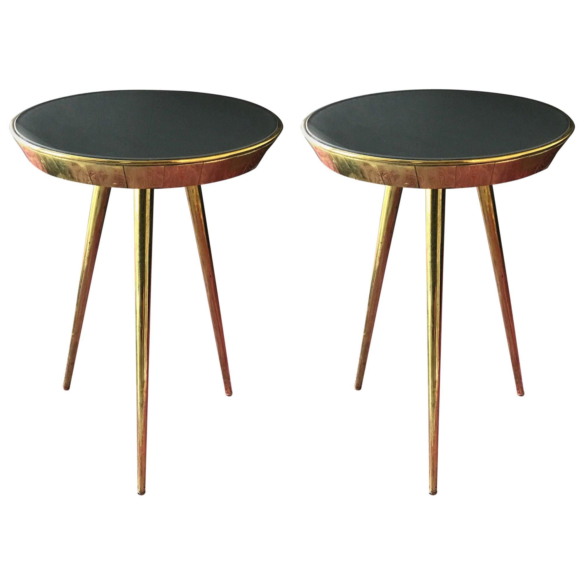 Pair of Midcentury Italian Brass and Grey Glass Side Tables