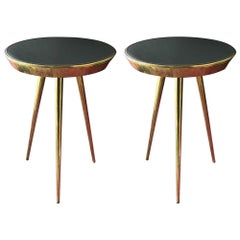 Pair of Midcentury Italian Brass and Grey Glass Side Tables