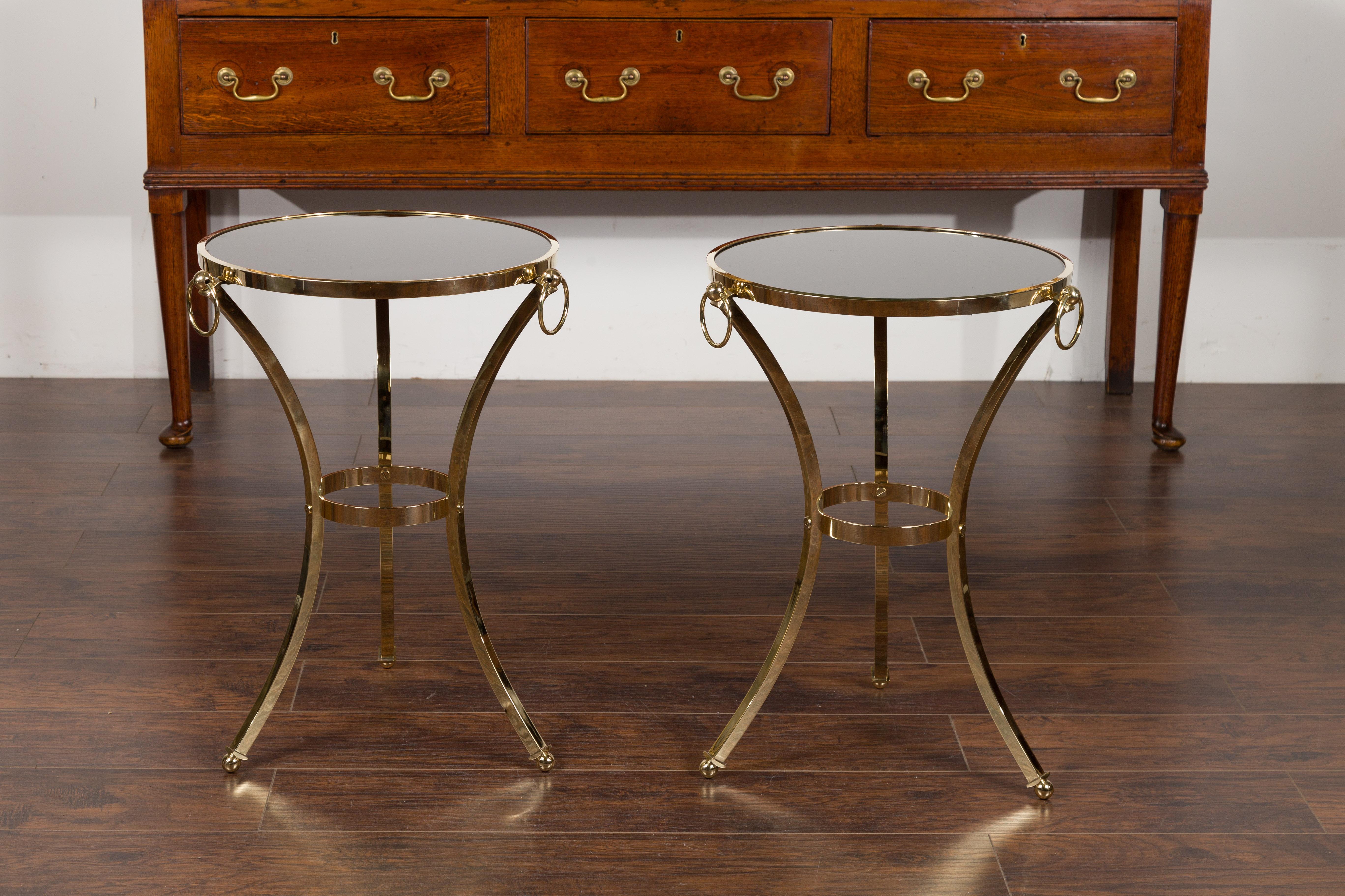 Pair of Midcentury Italian Brass Tables with Black Mirrored Tops and Ring Motifs For Sale 5