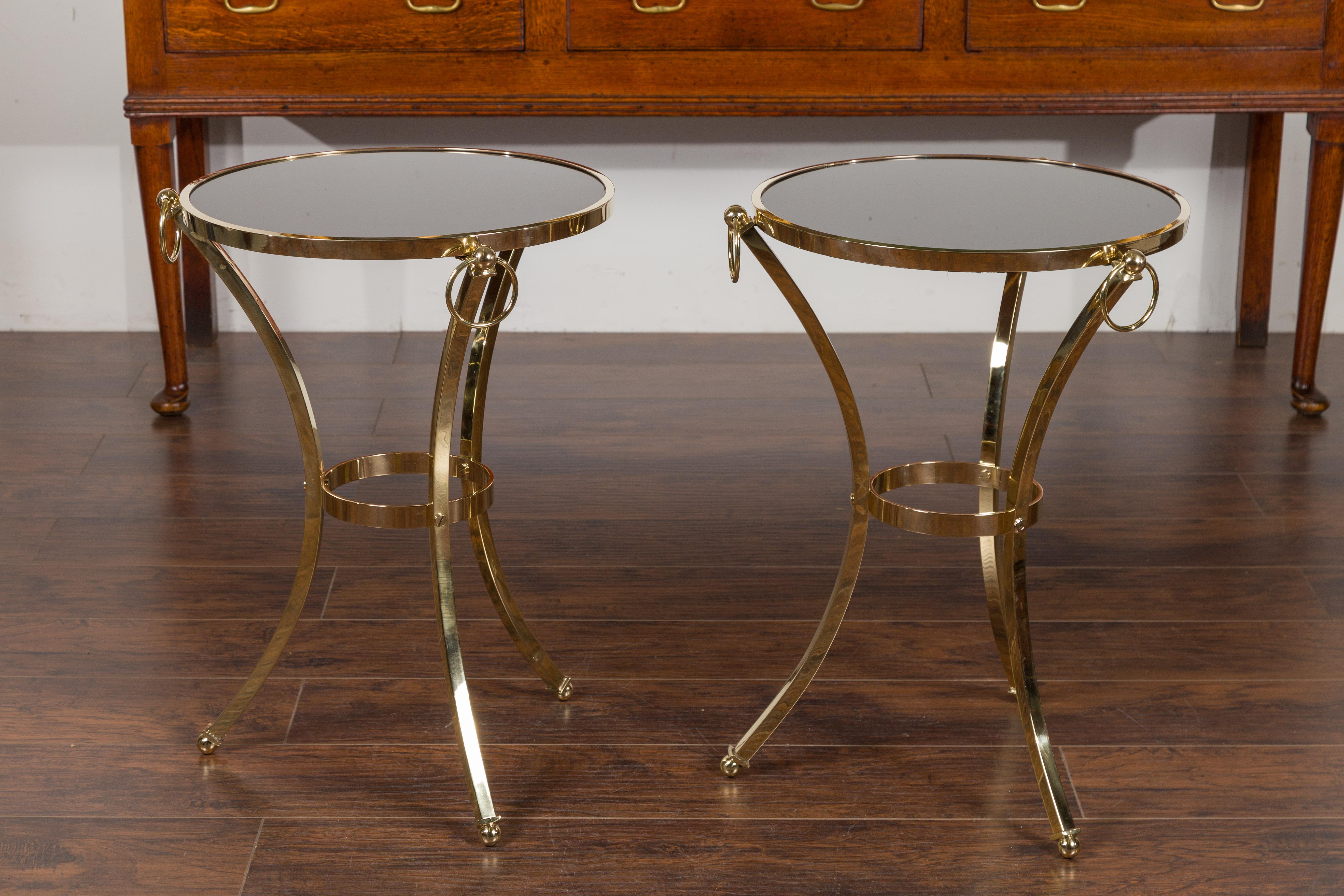 Pair of Midcentury Italian Brass Tables with Black Mirrored Tops and Ring Motifs For Sale 7