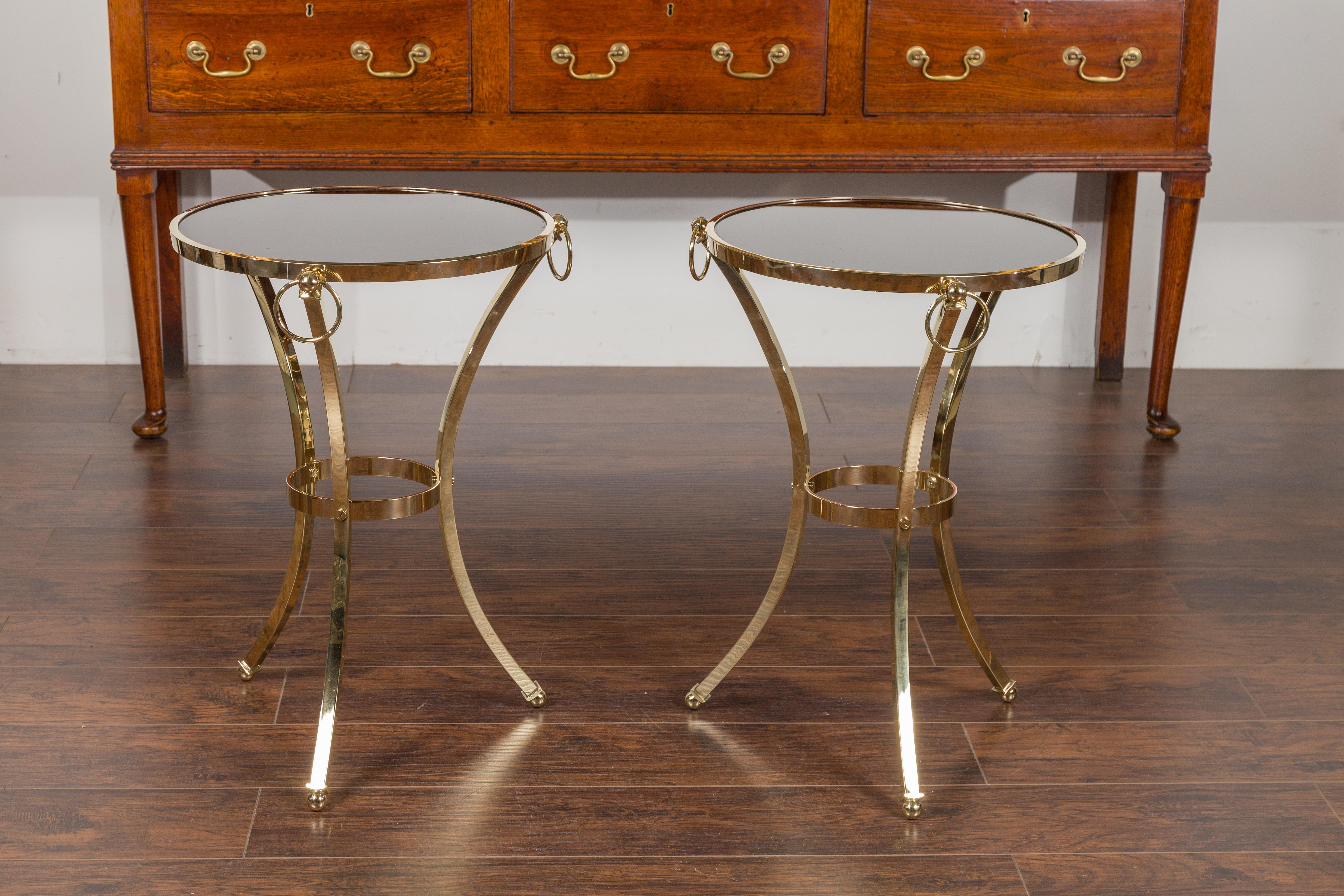 Pair of Midcentury Italian Brass Tables with Black Mirrored Tops and Ring Motifs For Sale 8