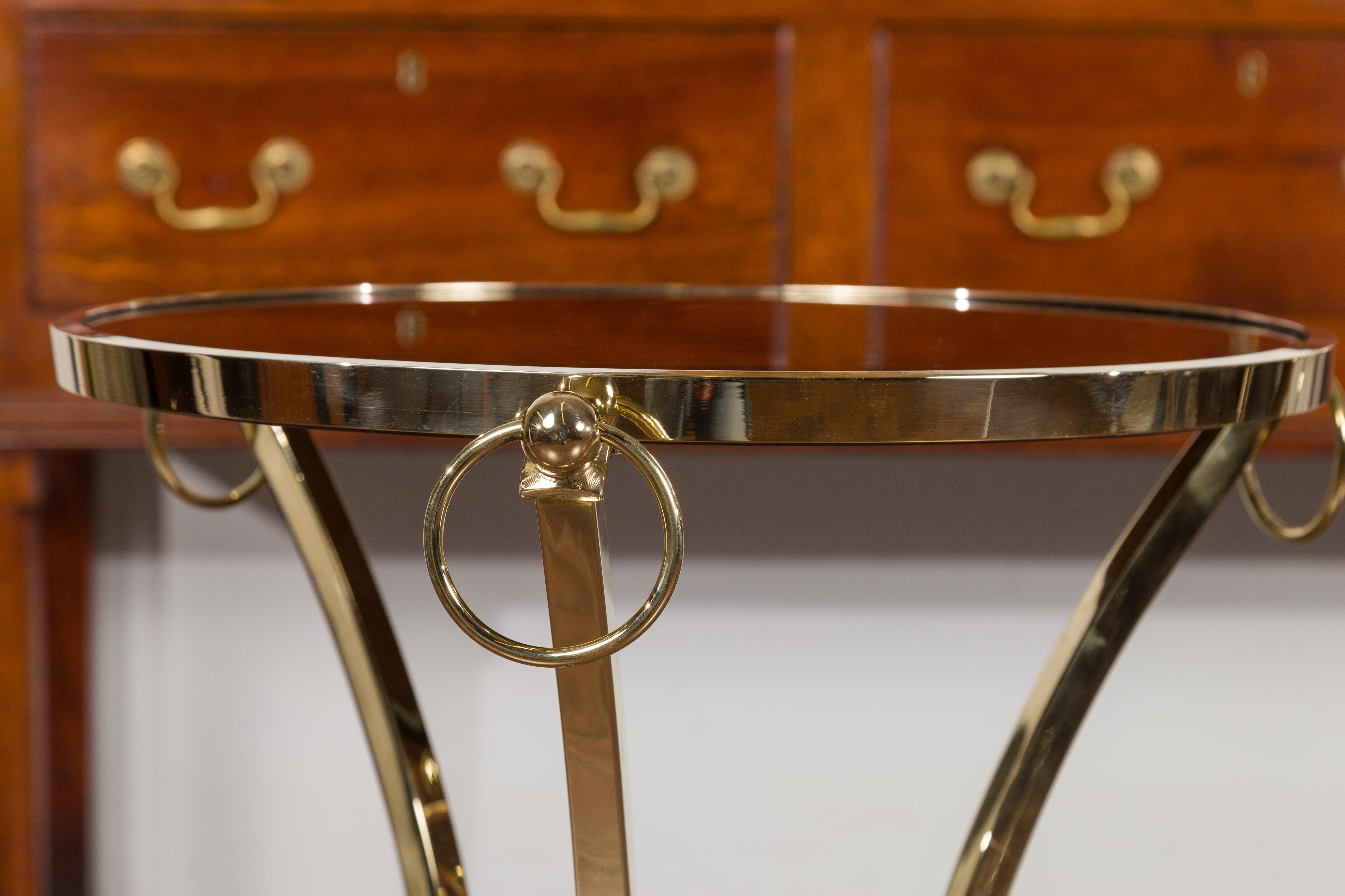Pair of Midcentury Italian Brass Tables with Black Mirrored Tops and Ring Motifs For Sale 10