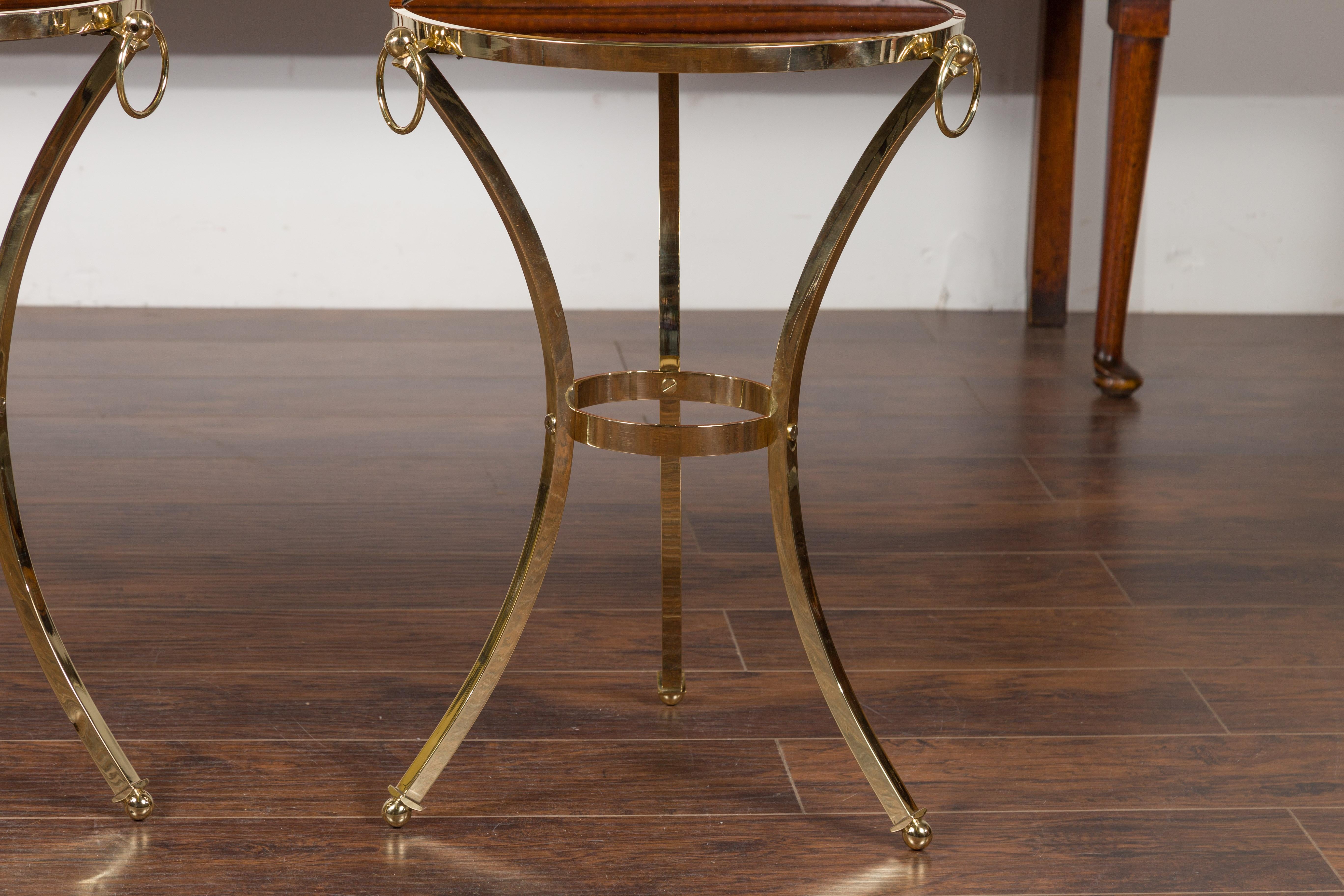 Pair of Midcentury Italian Brass Tables with Black Mirrored Tops and Ring Motifs For Sale 2