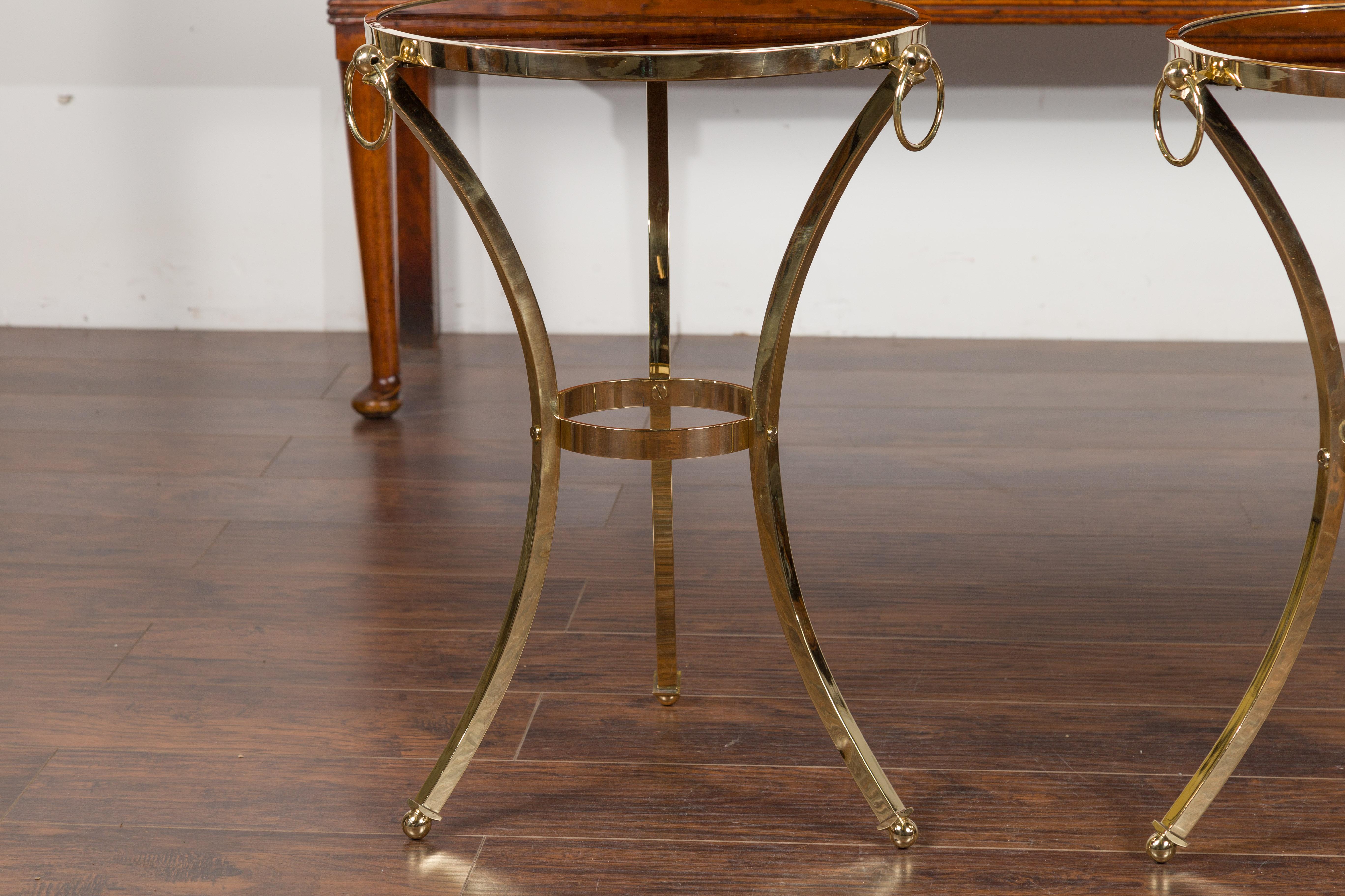 Pair of Midcentury Italian Brass Tables with Black Mirrored Tops and Ring Motifs For Sale 3