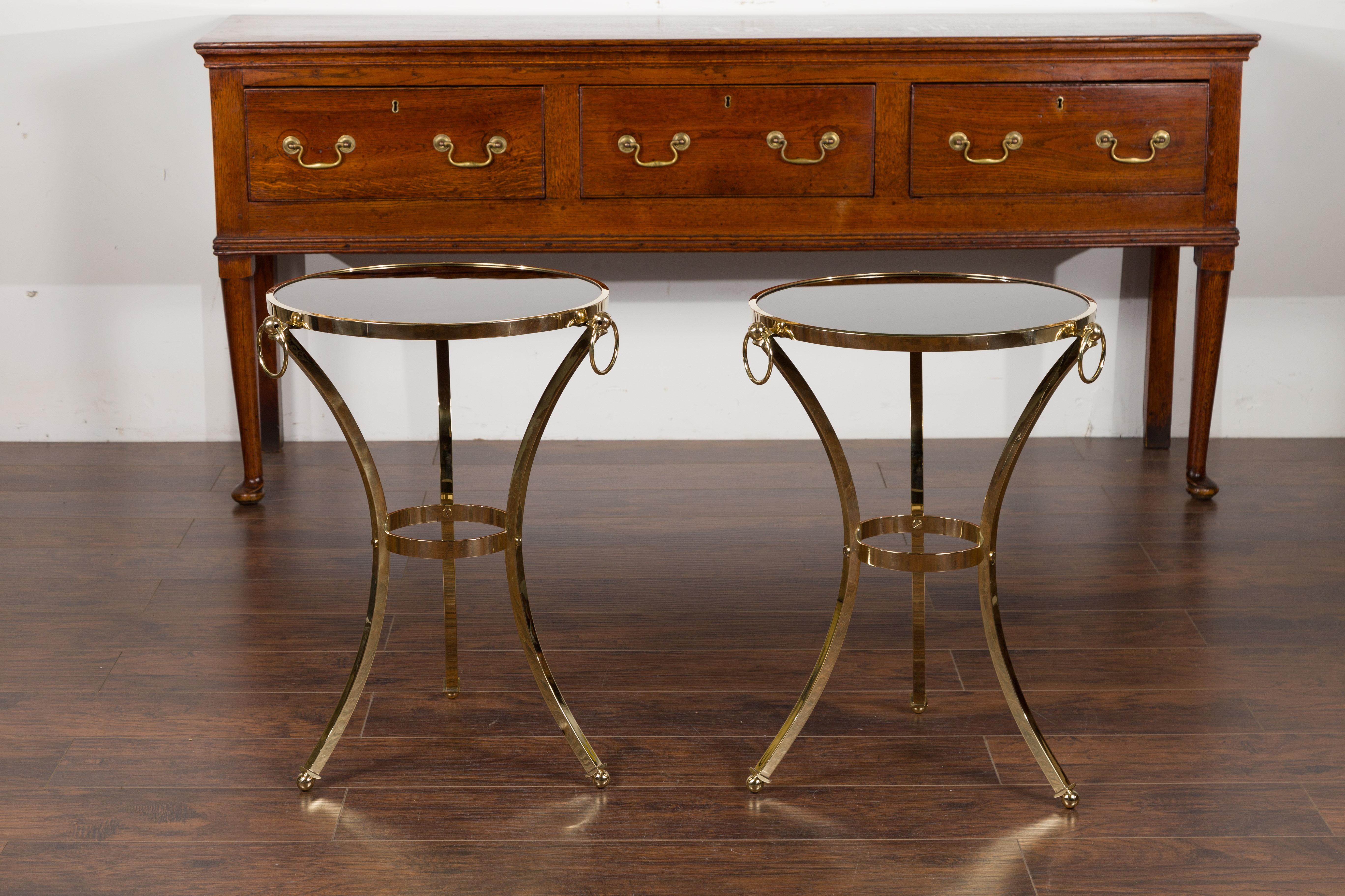 Pair of Midcentury Italian Brass Tables with Black Mirrored Tops and Ring Motifs For Sale 4