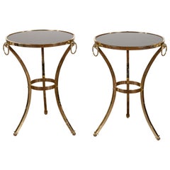 Pair of Midcentury Italian Brass Tables with Black Mirrored Tops and Ring Motifs