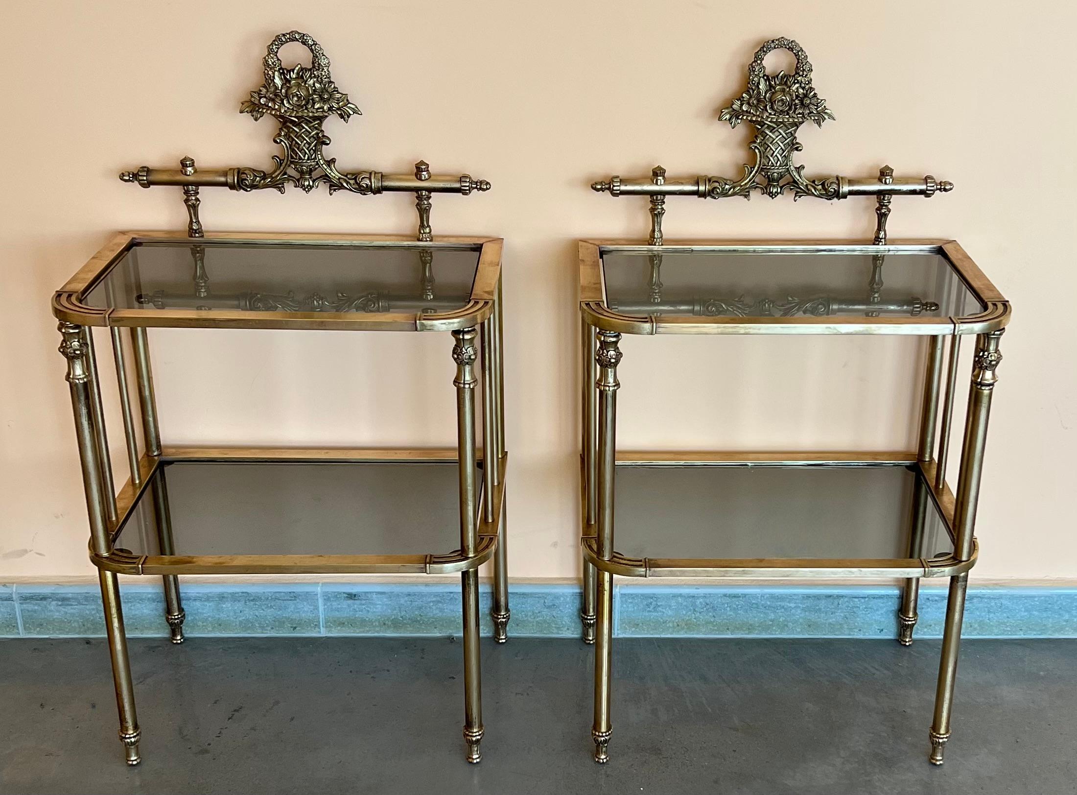 Mid-Century Modern Pair of Midcentury Italian Bronze and Glass with Nightstands with Crest