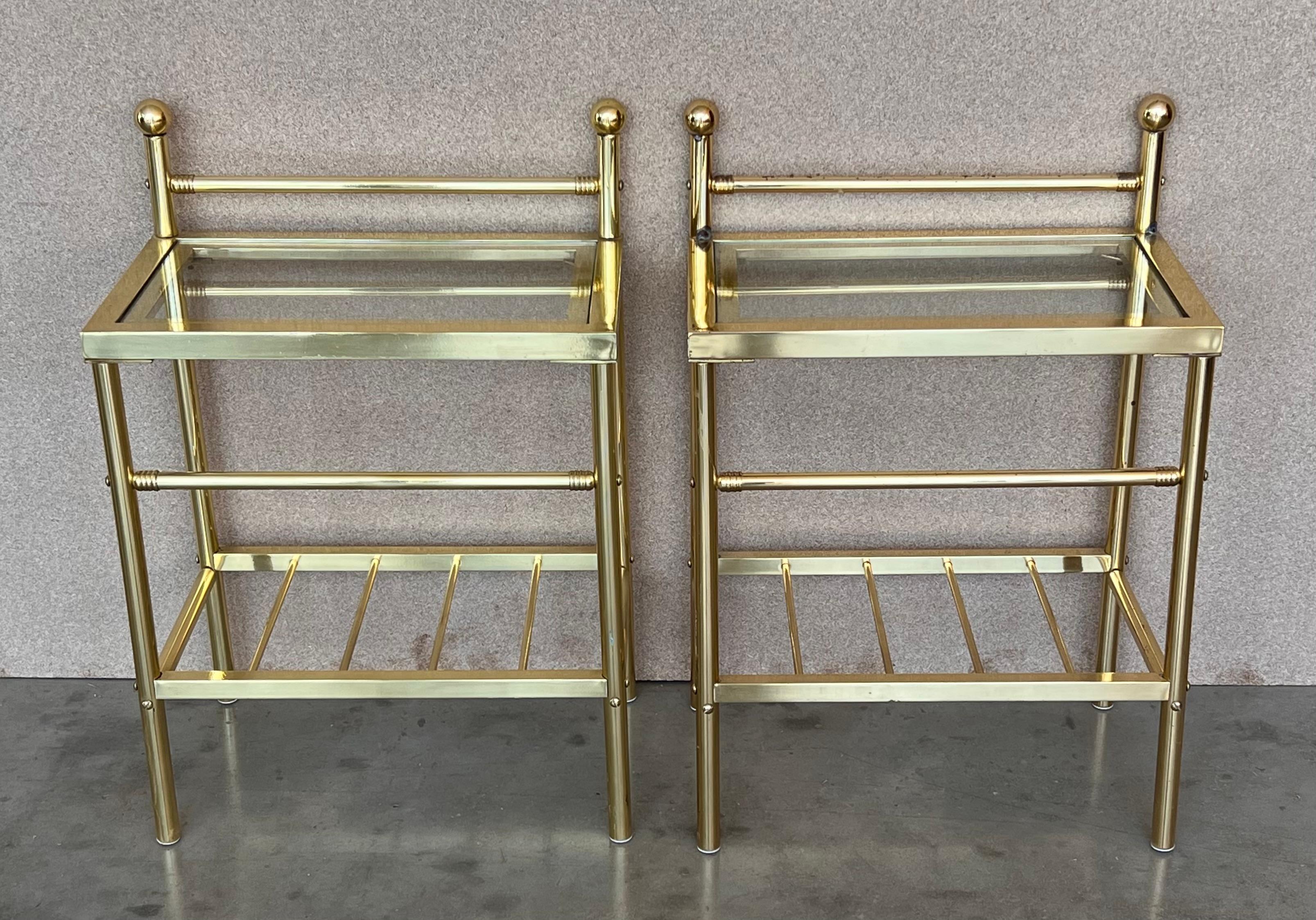 Mid-Century Modern Pair of Midcentury Italian Bronze and Glass with Nightstands with Crest For Sale