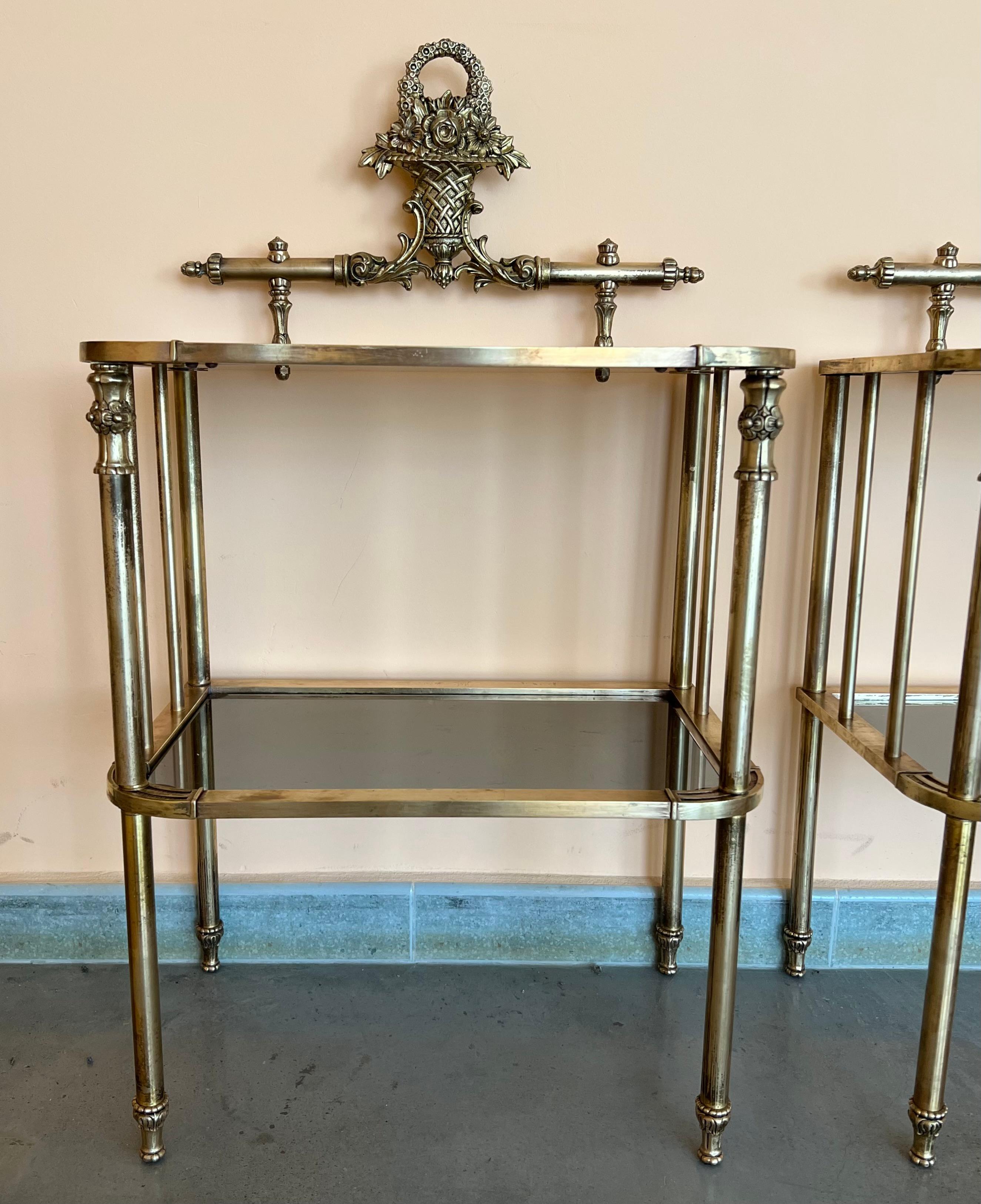 20th Century Pair of Midcentury Italian Bronze and Glass with Nightstands with Crest