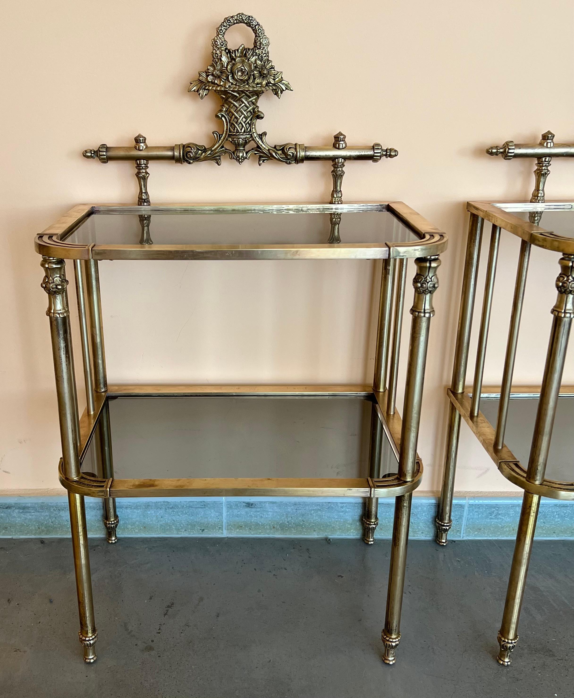 Pair of Midcentury Italian Bronze and Glass with Nightstands with Crest 1