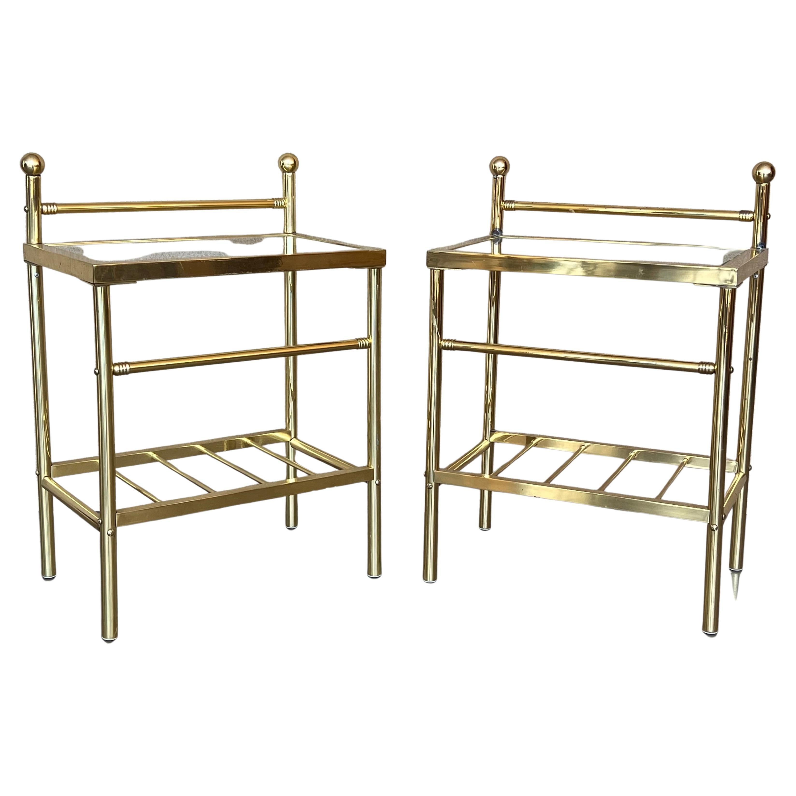 Pair of Midcentury Italian Bronze and Glass with Nightstands with Crest For Sale