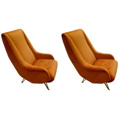 Pair of Midcentury Italian Burnt Orange Tall Lounge Chairs Attributed to ISA