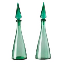 Pair of Midcentury Italian Cast Glass Green Decanters, circa 1960