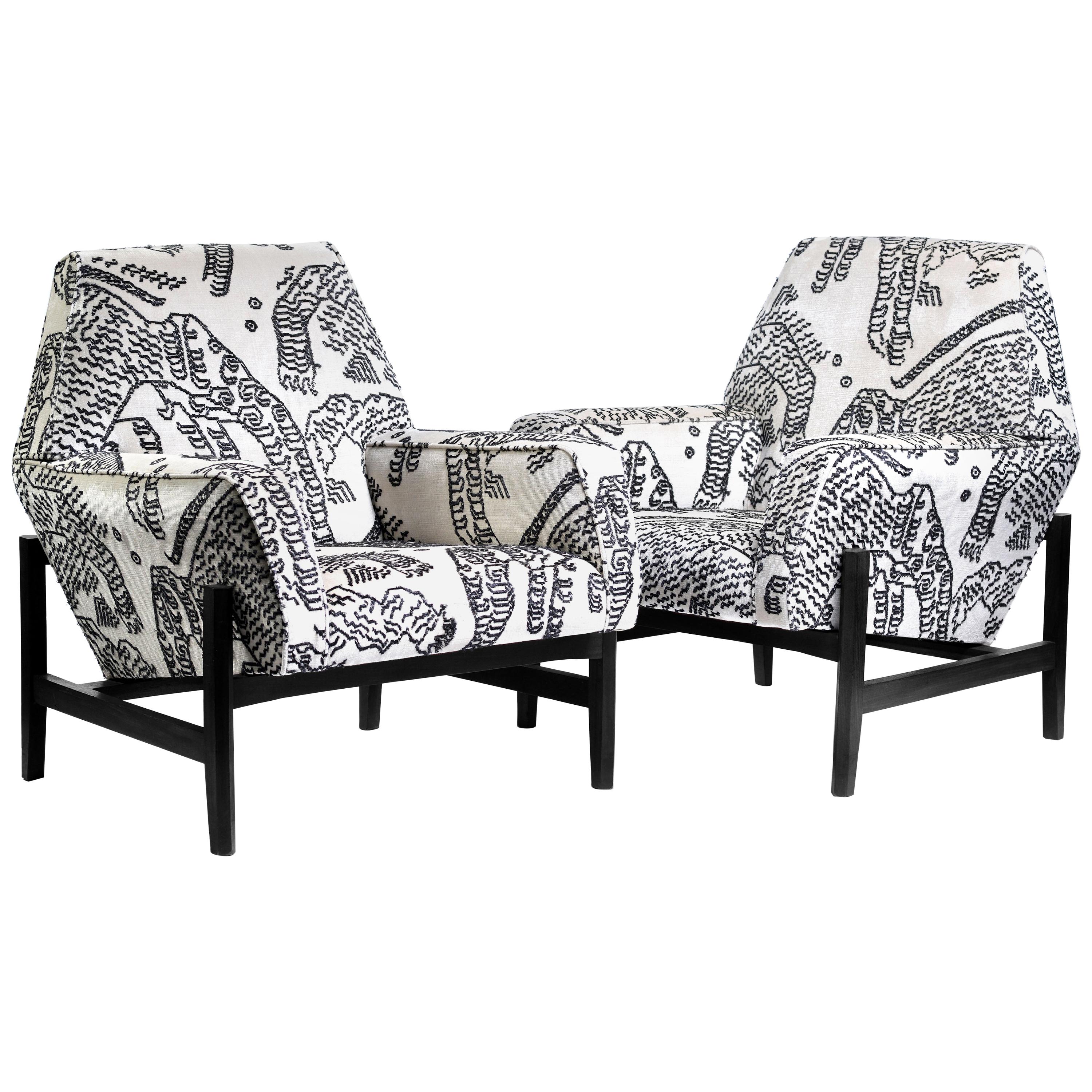 Pair of Midcentury Italian Chairs Upholstered in Black and White Dedar Fabric