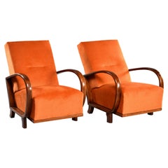 Pair of Midcentury Italian Chairs with Walnut Arms & Pumpkin Chenille Upholstery