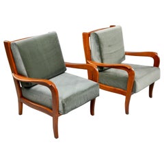 Pair of Midcentury Italian Cherrywood Chairs with Green Velvetc