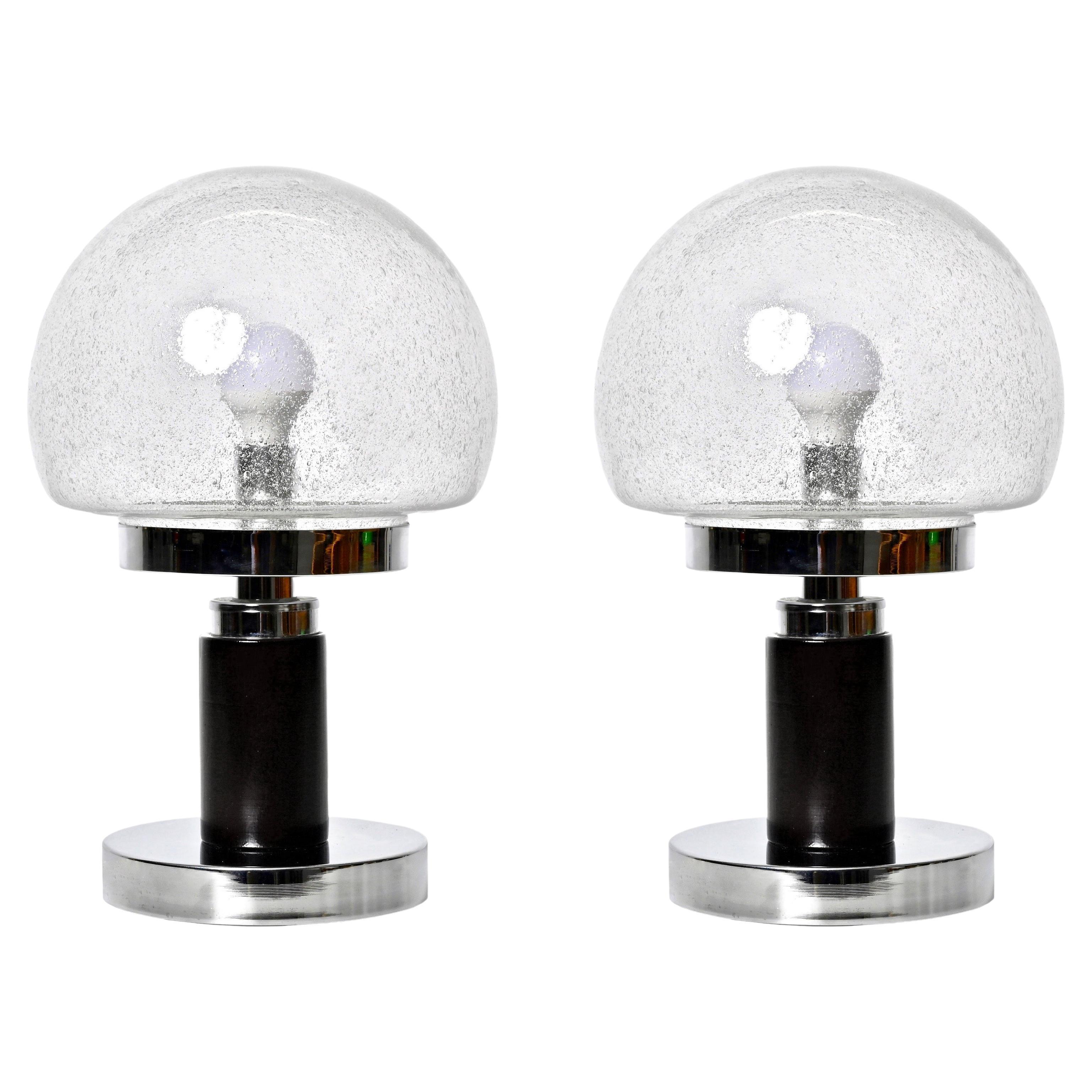 Pair of MIdcentury Italian Chrome Table Lamps with Bubble Glass Shade, 1980s For Sale