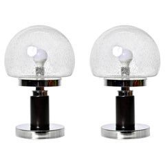 Pair of MIdcentury Italian Chrome Table Lamps with Bubble Glass Shade, 1980s
