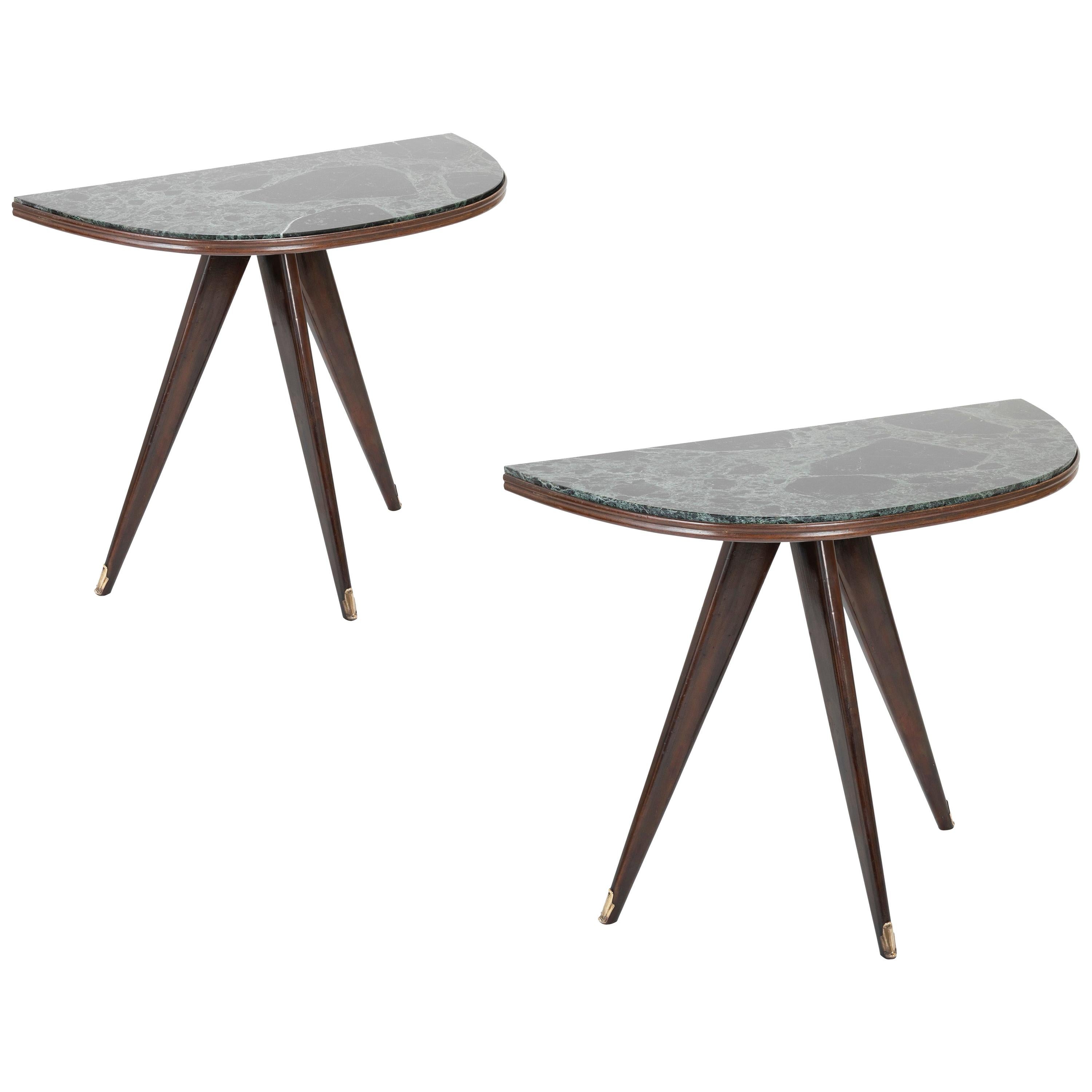 Pair of Midcentury Italian Demilune Tables with Breccia Marble Tops
