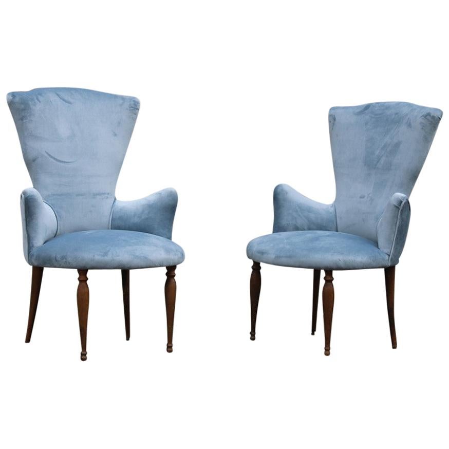 Pair of Midcentury Italian Design Avio Color Bedroom Chairs Wood Feet For Sale