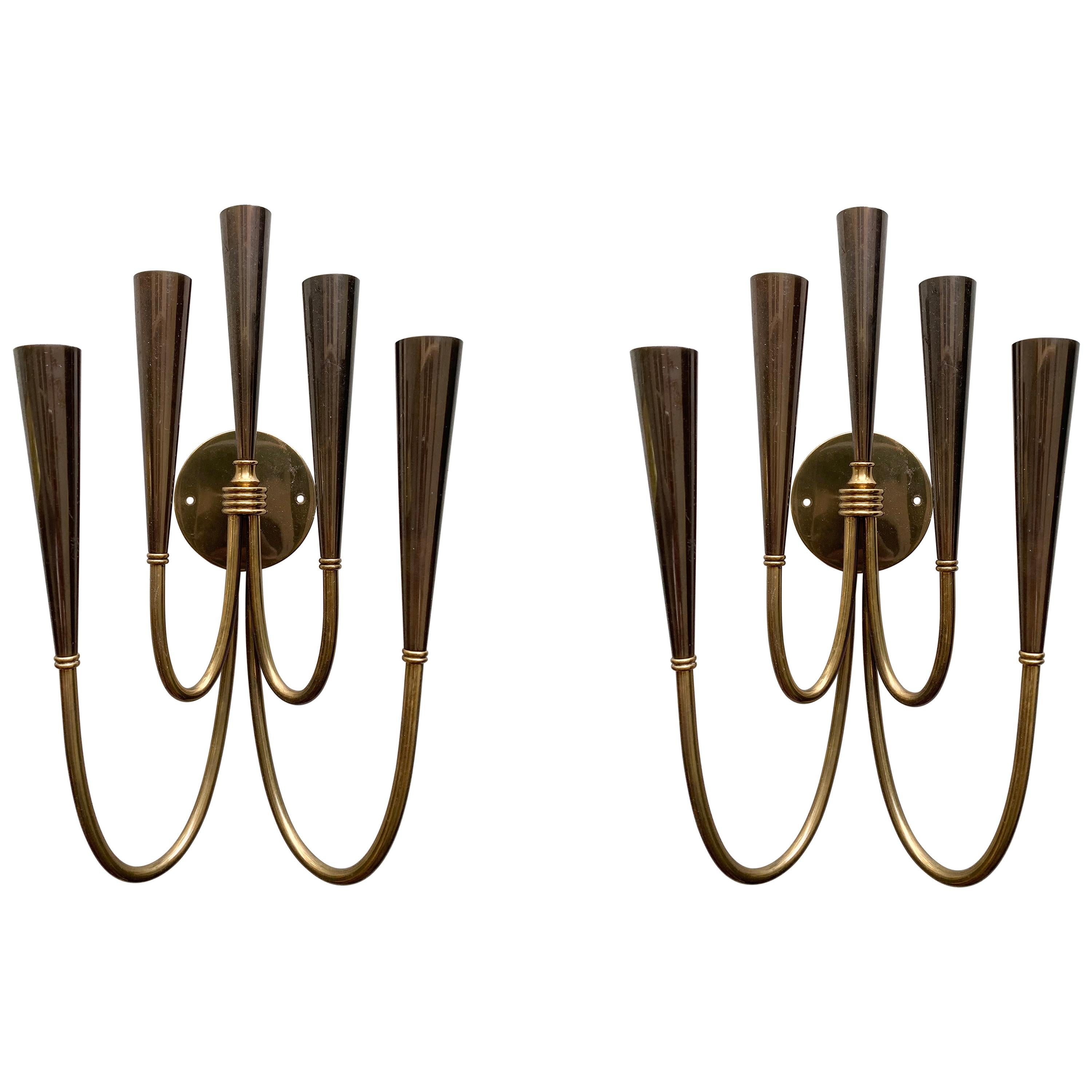 Pair of Midcentury Italian Dual Tone Brass and Gray Metal Sconces For Sale