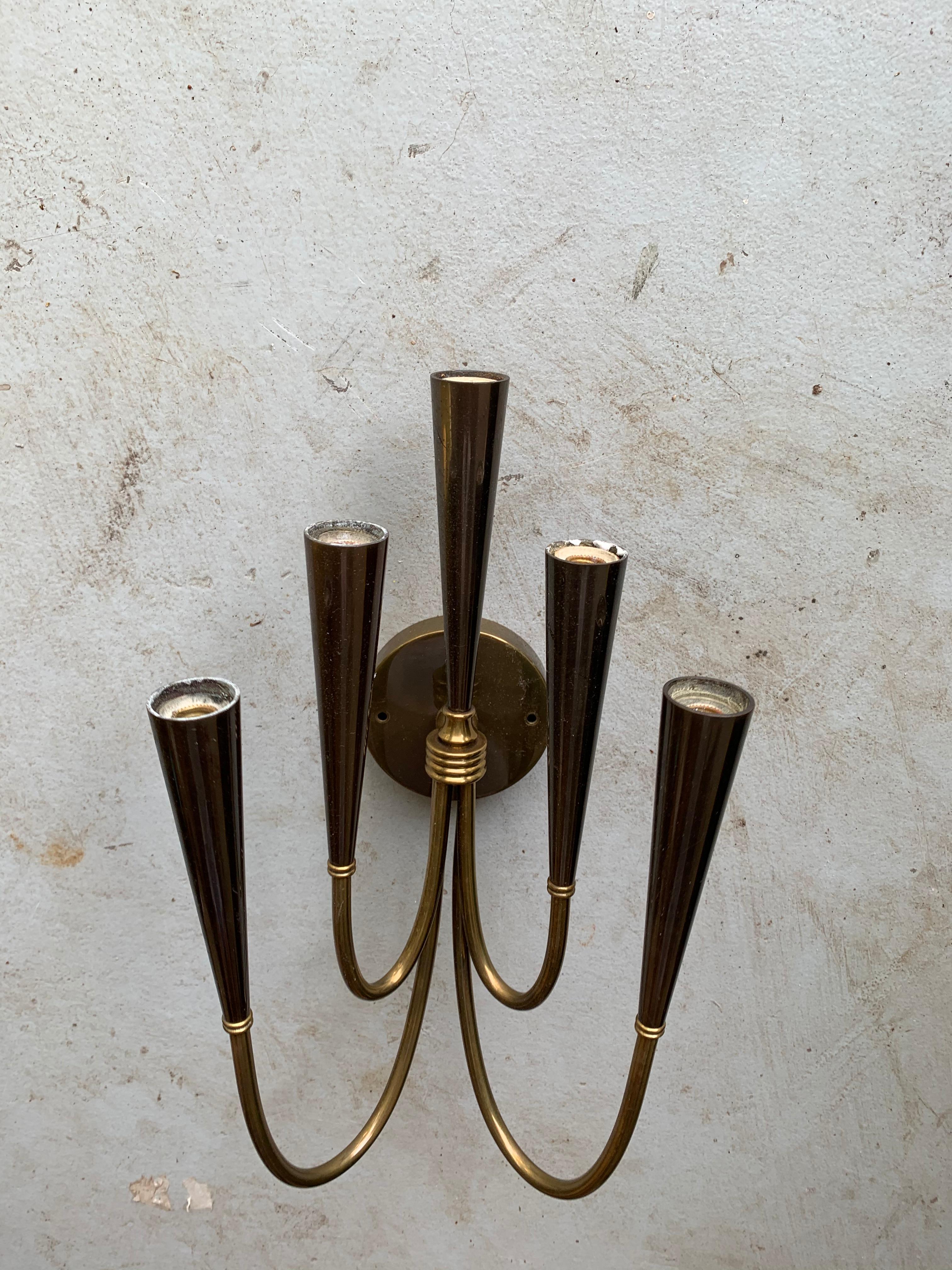Mid-Century Modern Pair of Midcentury Italian Dual Tone Brass and Gray Metal Sconces For Sale