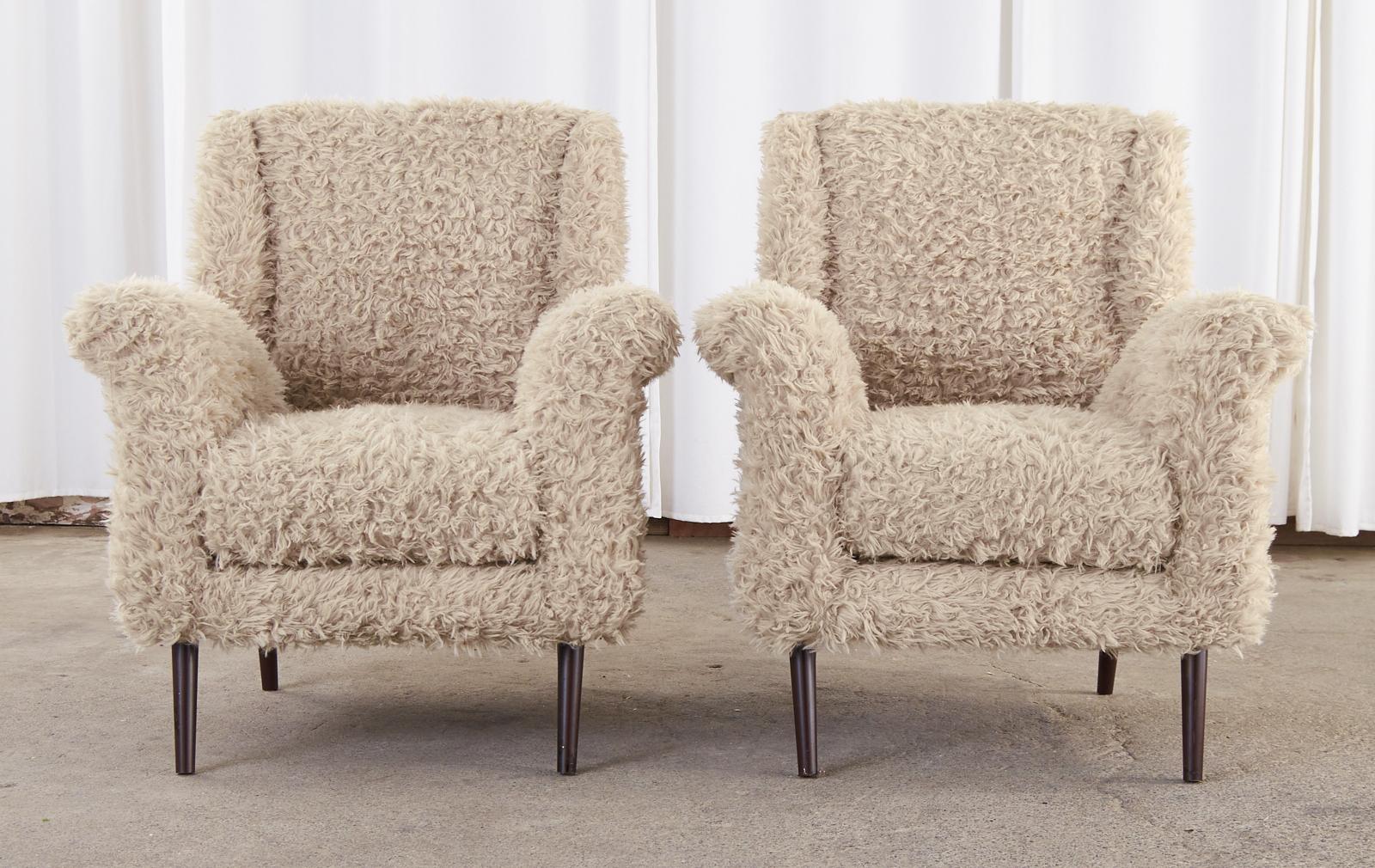 Mid-Century Modern Pair of Midcentury Italian Faux Lambswool Teddy Bear Wingback Chairs