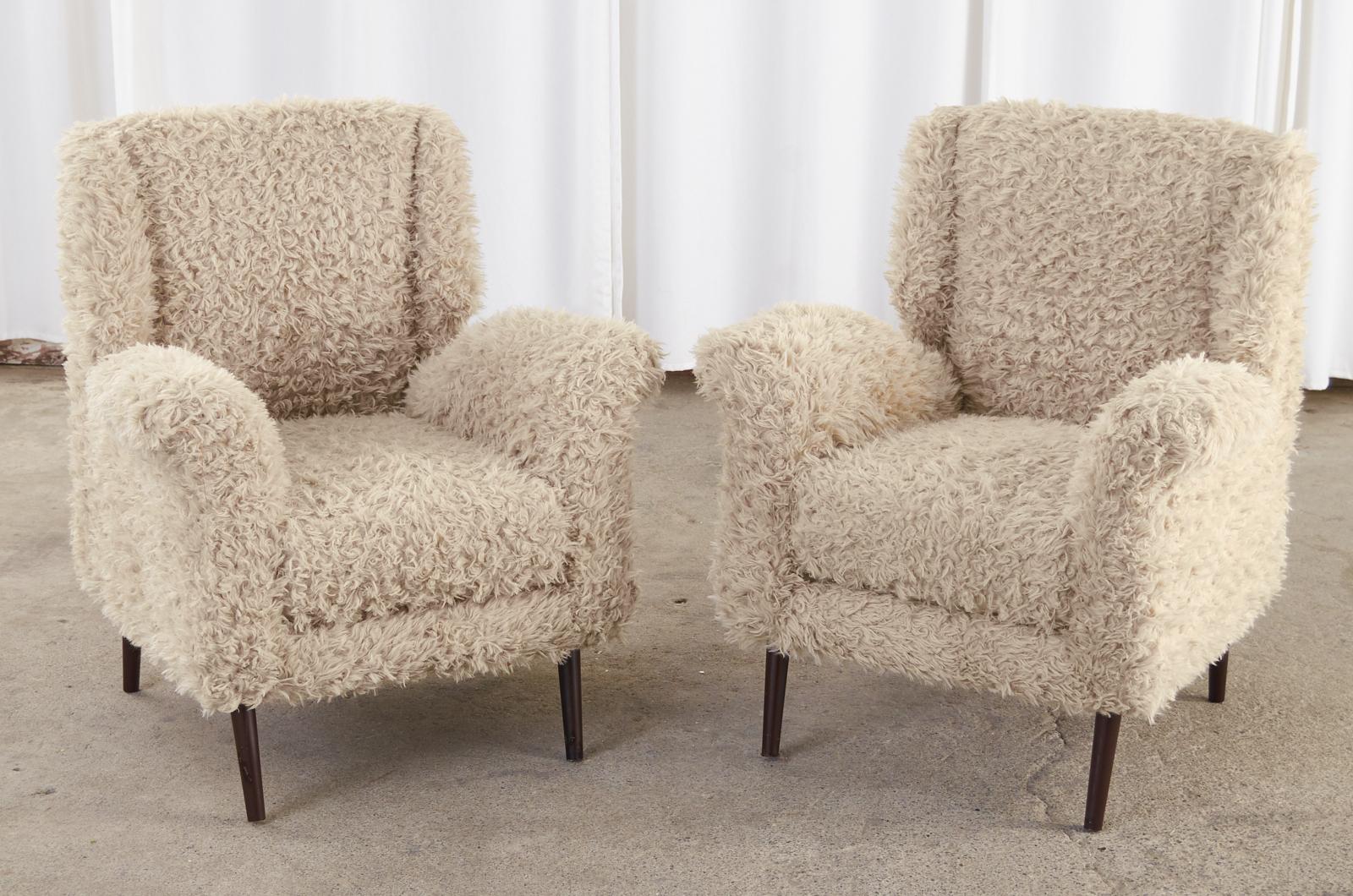 Pair of Midcentury Italian Faux Lambswool Teddy Bear Wingback Chairs In Good Condition In Rio Vista, CA