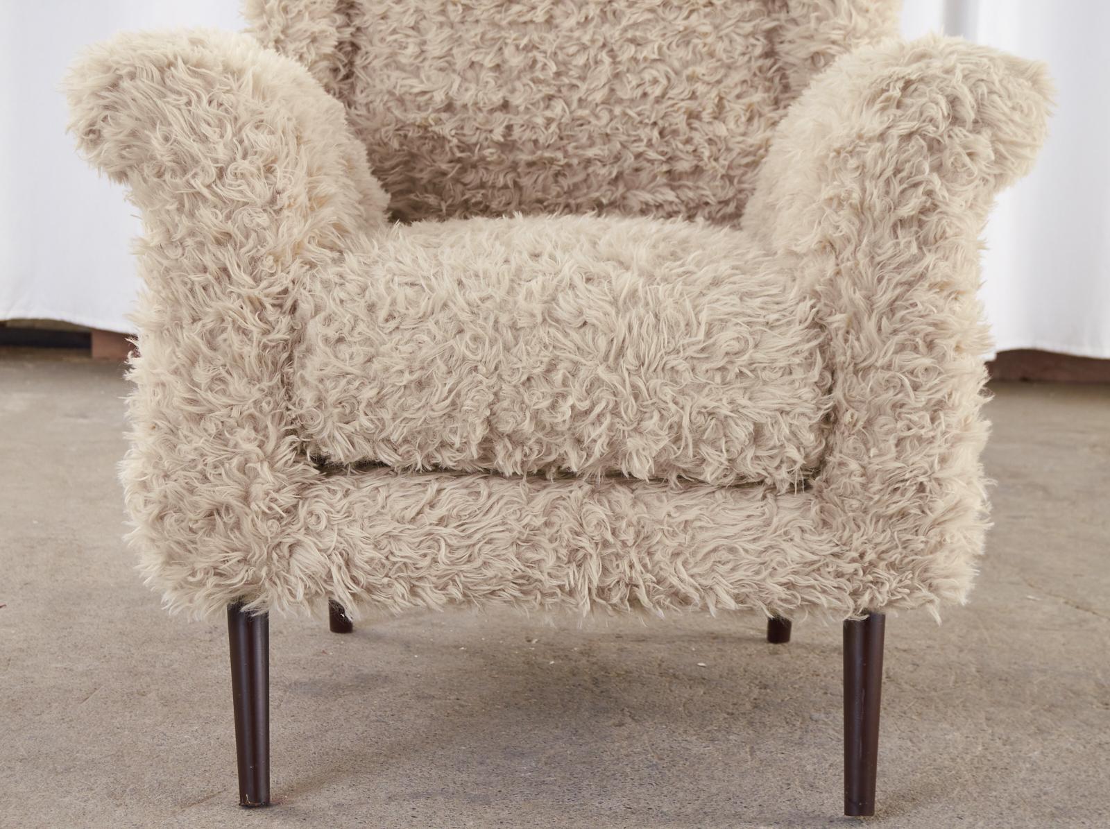20th Century Pair of Midcentury Italian Faux Lambswool Teddy Bear Wingback Chairs