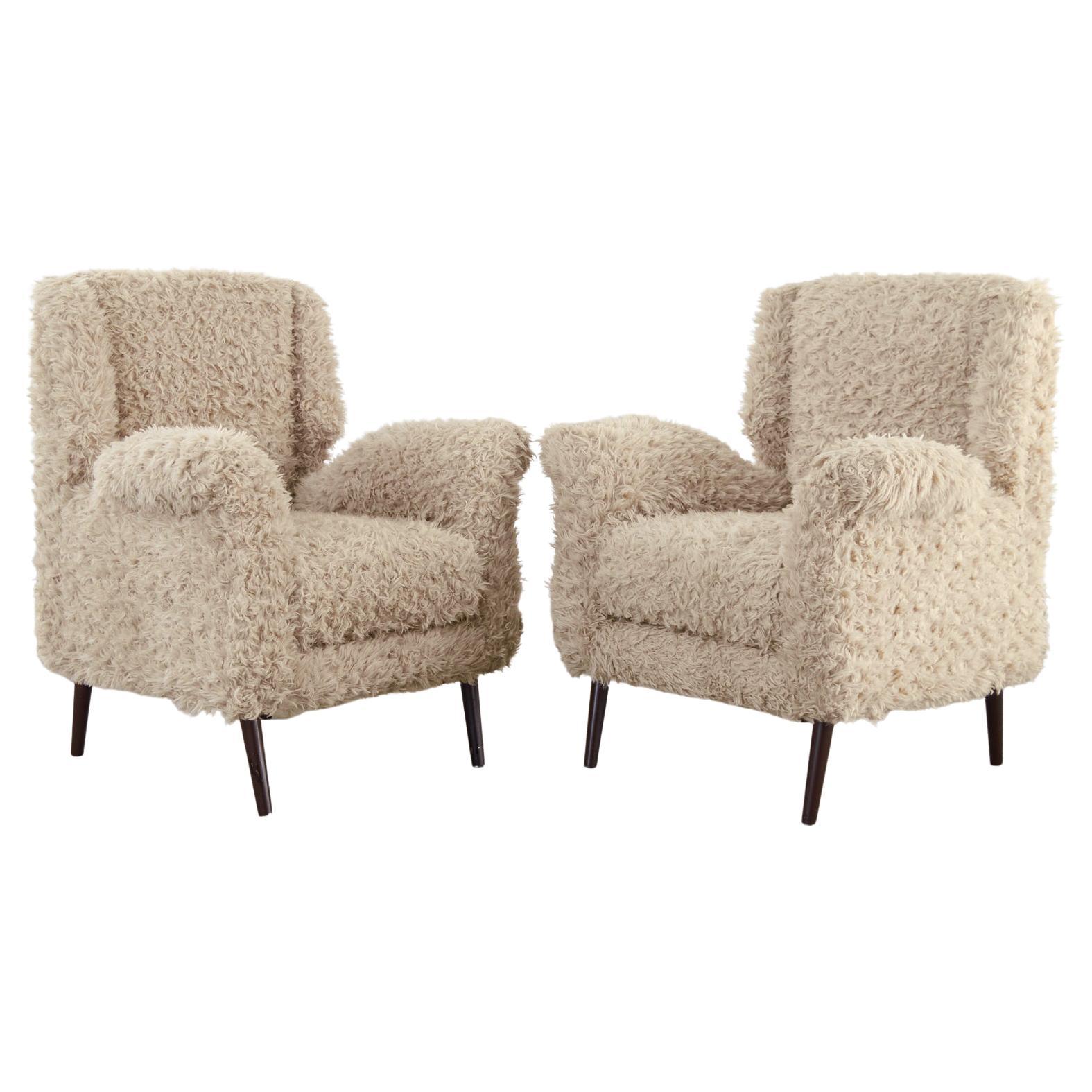 Pair of Midcentury Italian Faux Lambswool Teddy Bear Wingback Chairs