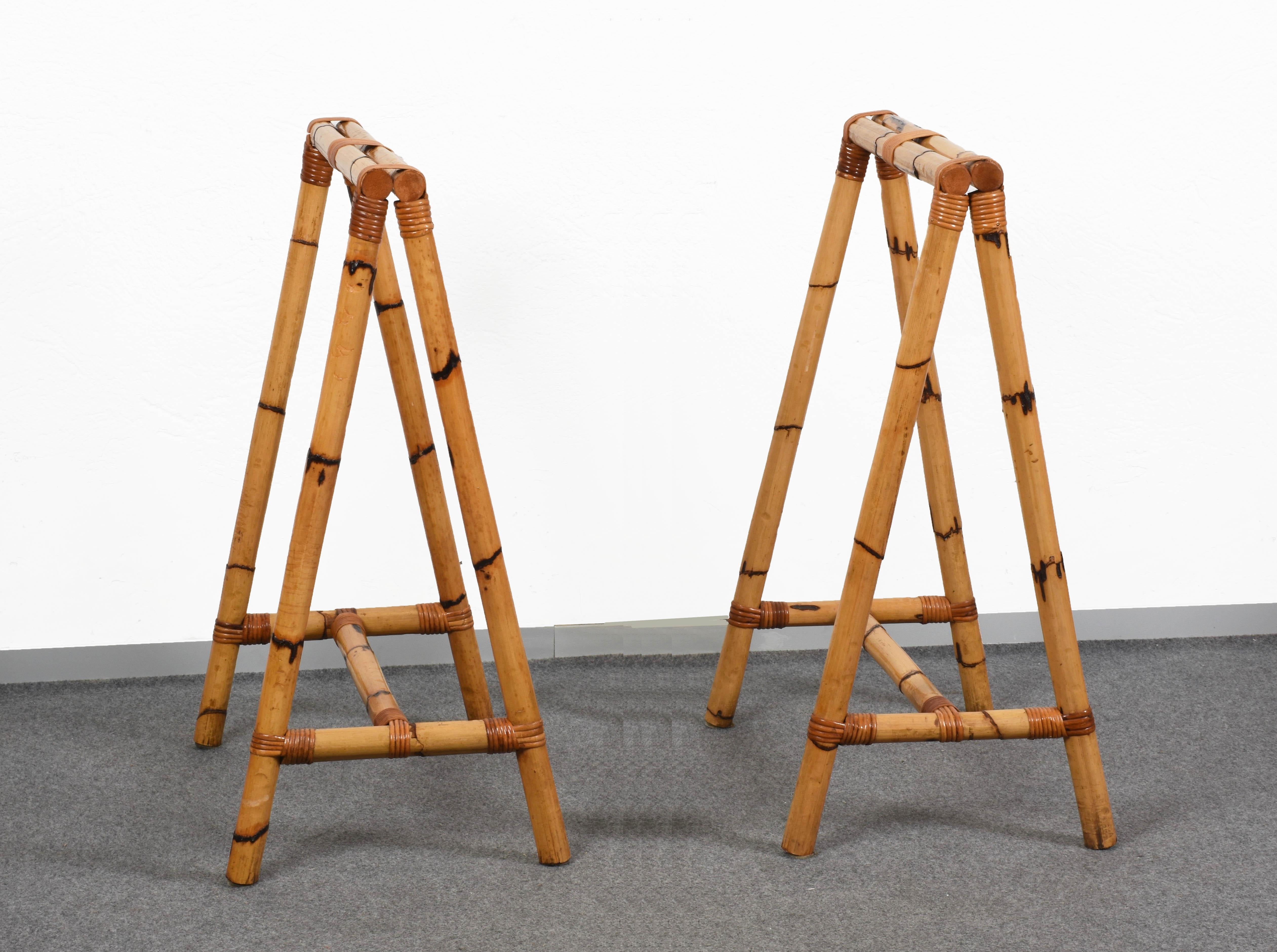 Mid-Century Modern Pair of Midcentury Italian Four-Legs Easels in Bamboo and Rattan, 1970s