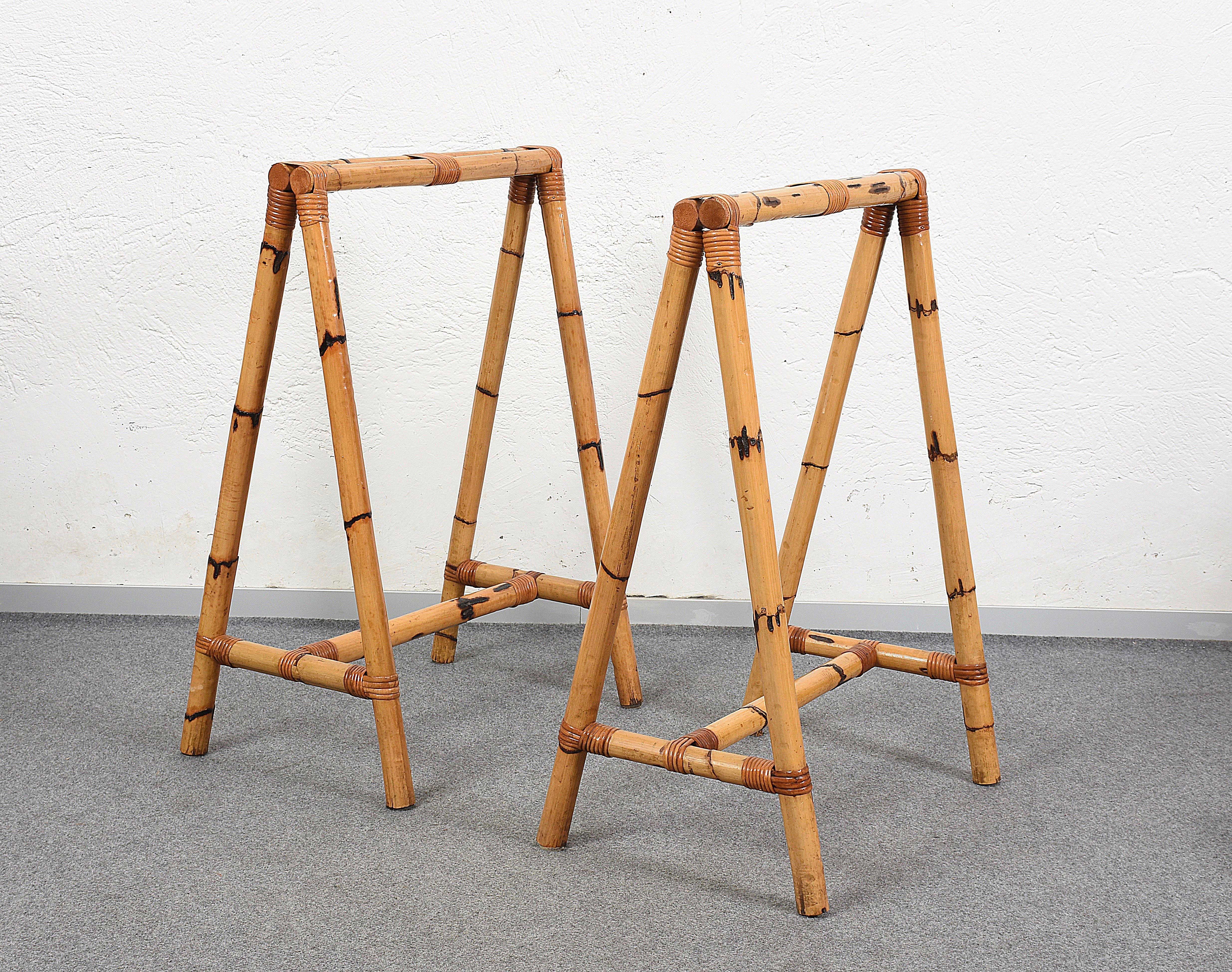 20th Century Pair of Midcentury Italian Four-Legs Easels in Bamboo and Rattan, 1970s