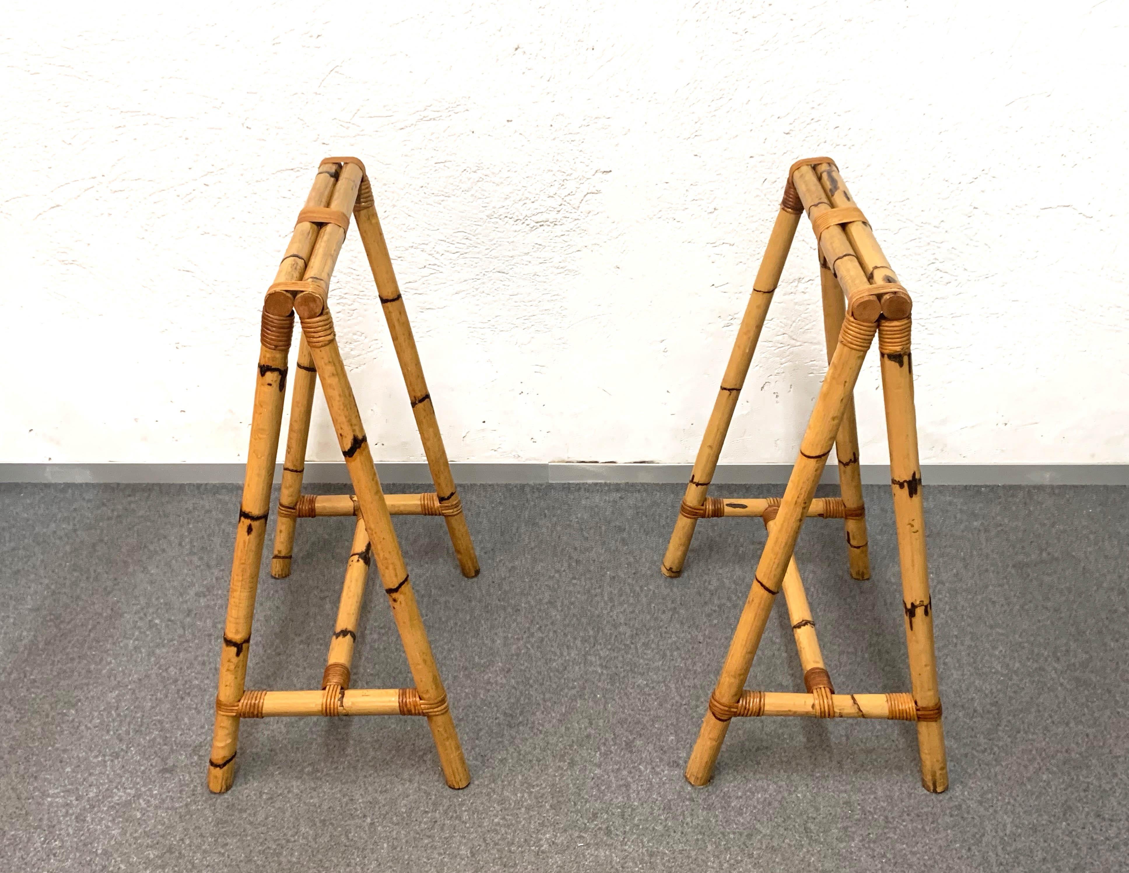 Pair of Midcentury Italian Four-Legs Easels in Bamboo and Rattan, 1970s 1