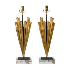 Pair of Midcentury Italian Gilt Metal Sunray Table Lamps Mounted on Lucite Bases Pair of Midcentury Italian Gilt Metal Sunray Table Lamps Mounted on Lucite Bases