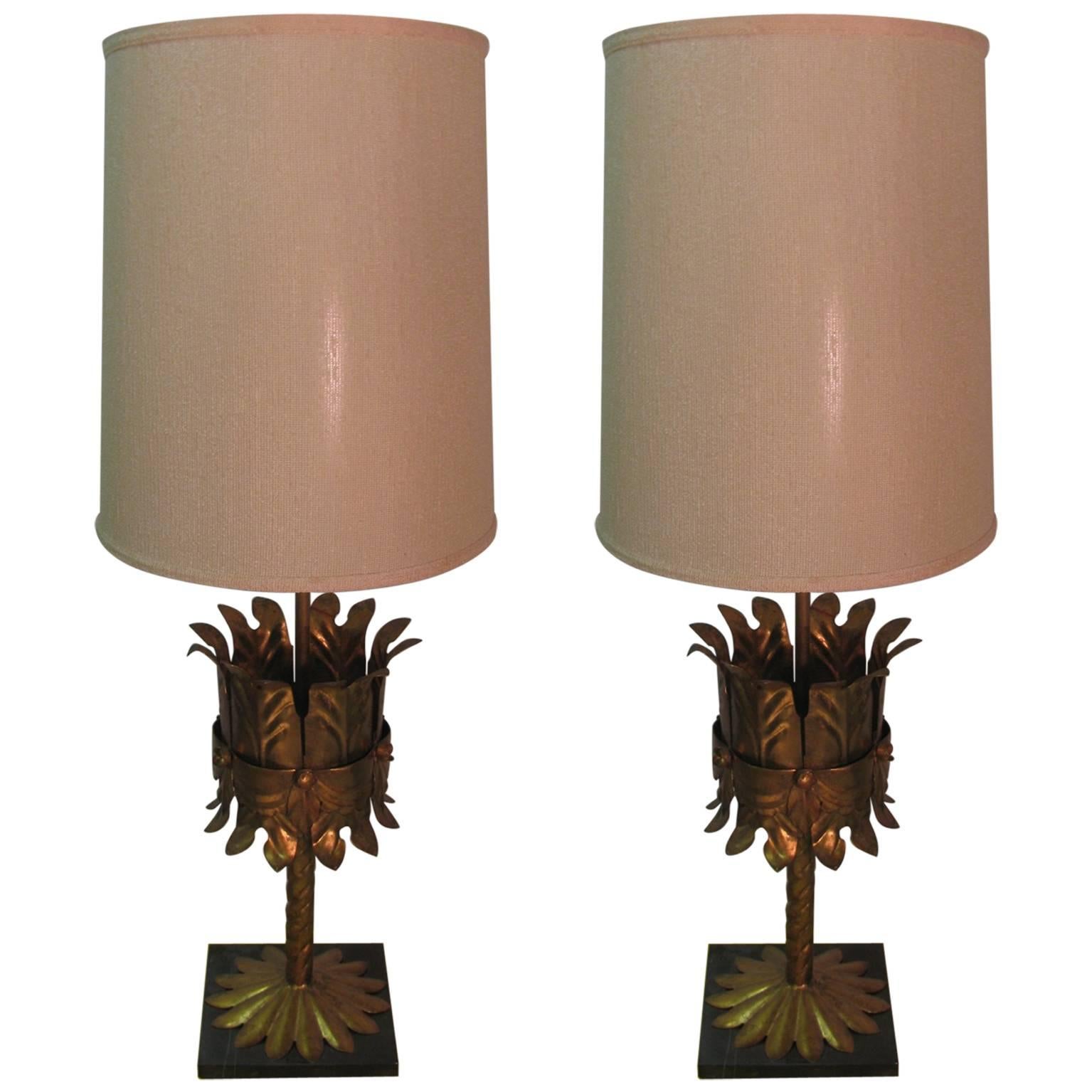 Pair of Hollywood Regency Italian Gilt Metal Table Lamps with Marble Plinth Base
