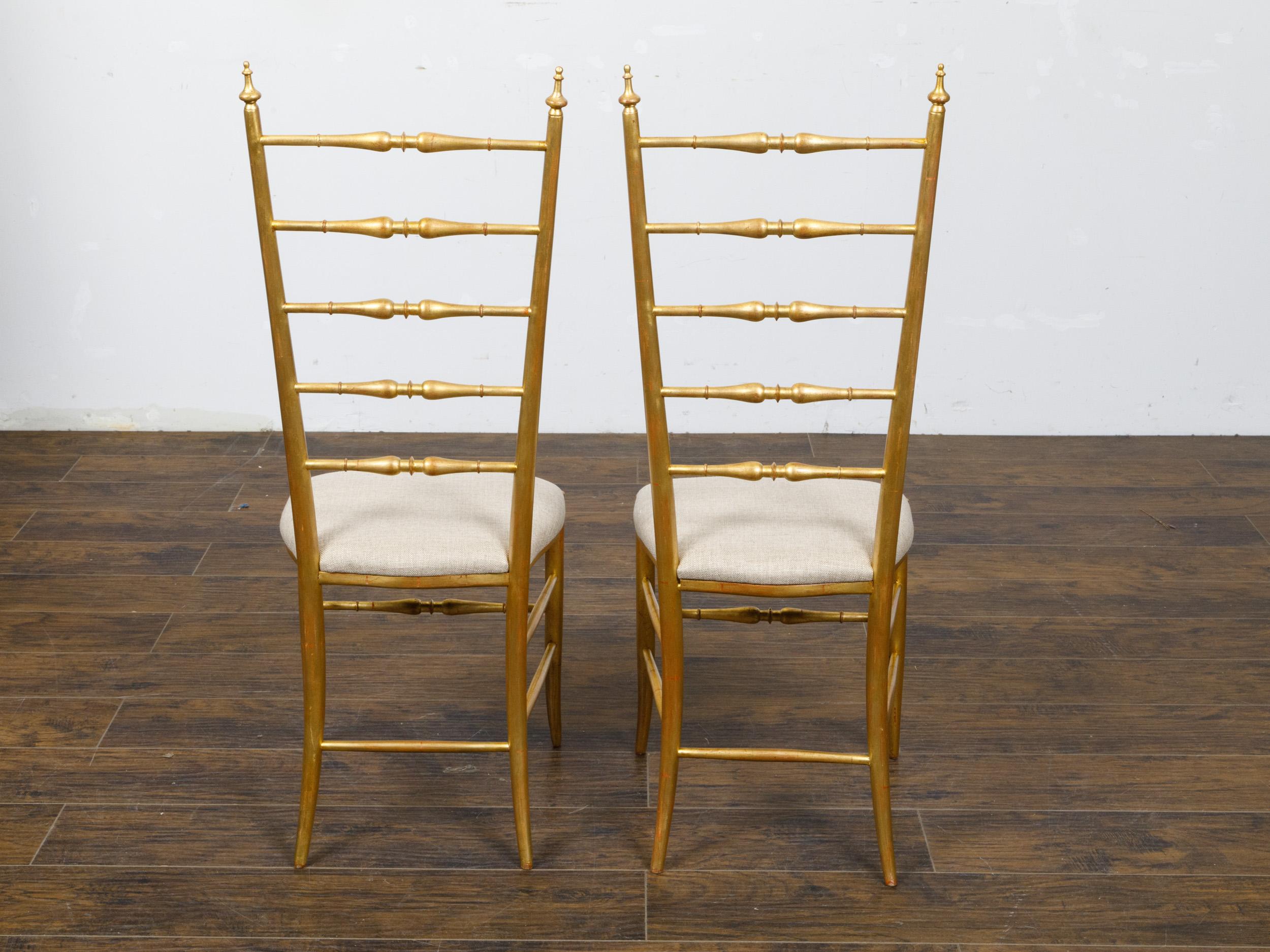 Pair of Midcentury Italian Gilt Wood High Back Side Chairs with Upholstery In Good Condition For Sale In Atlanta, GA