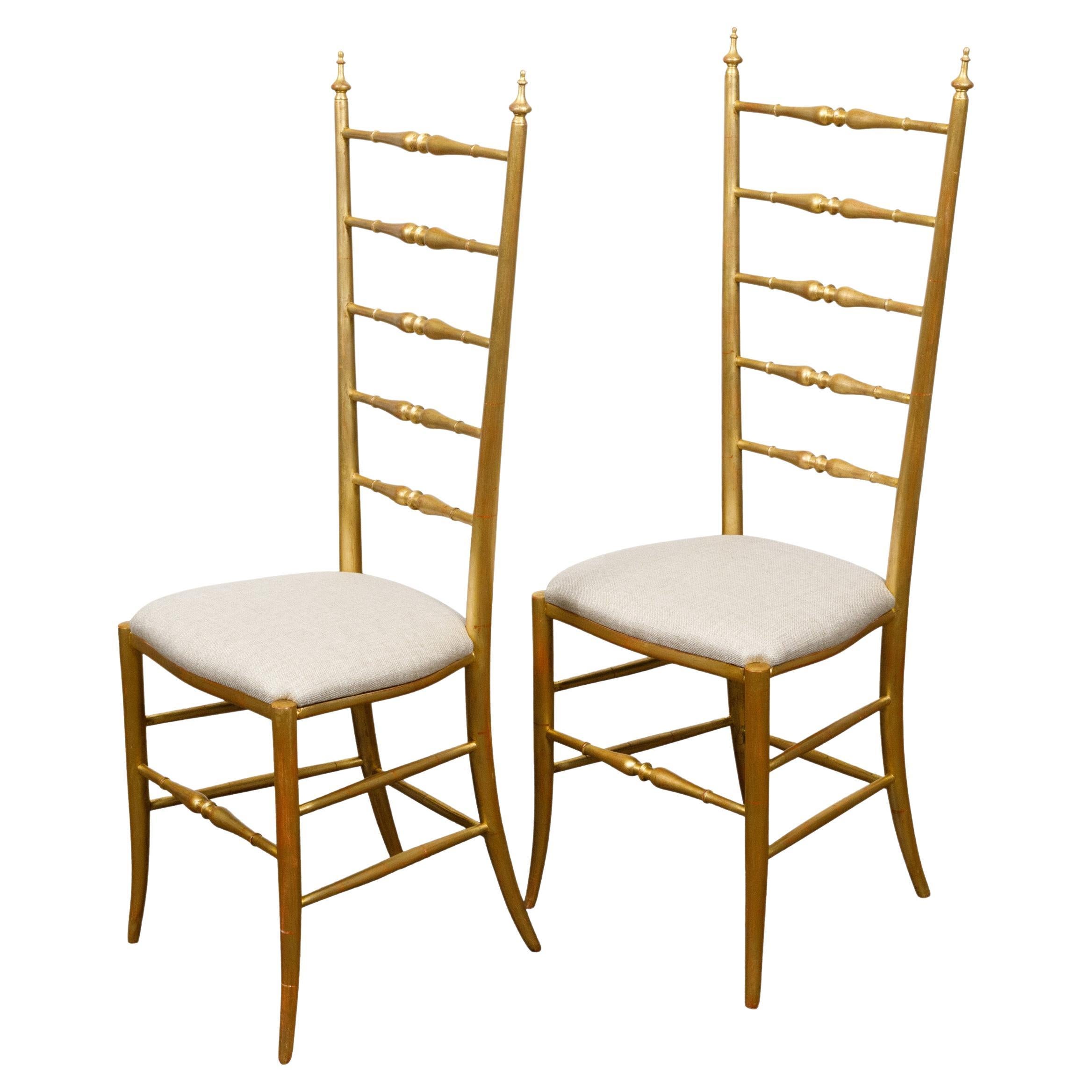 Pair of Midcentury Italian Gilt Wood High Back Side Chairs with Upholstery For Sale